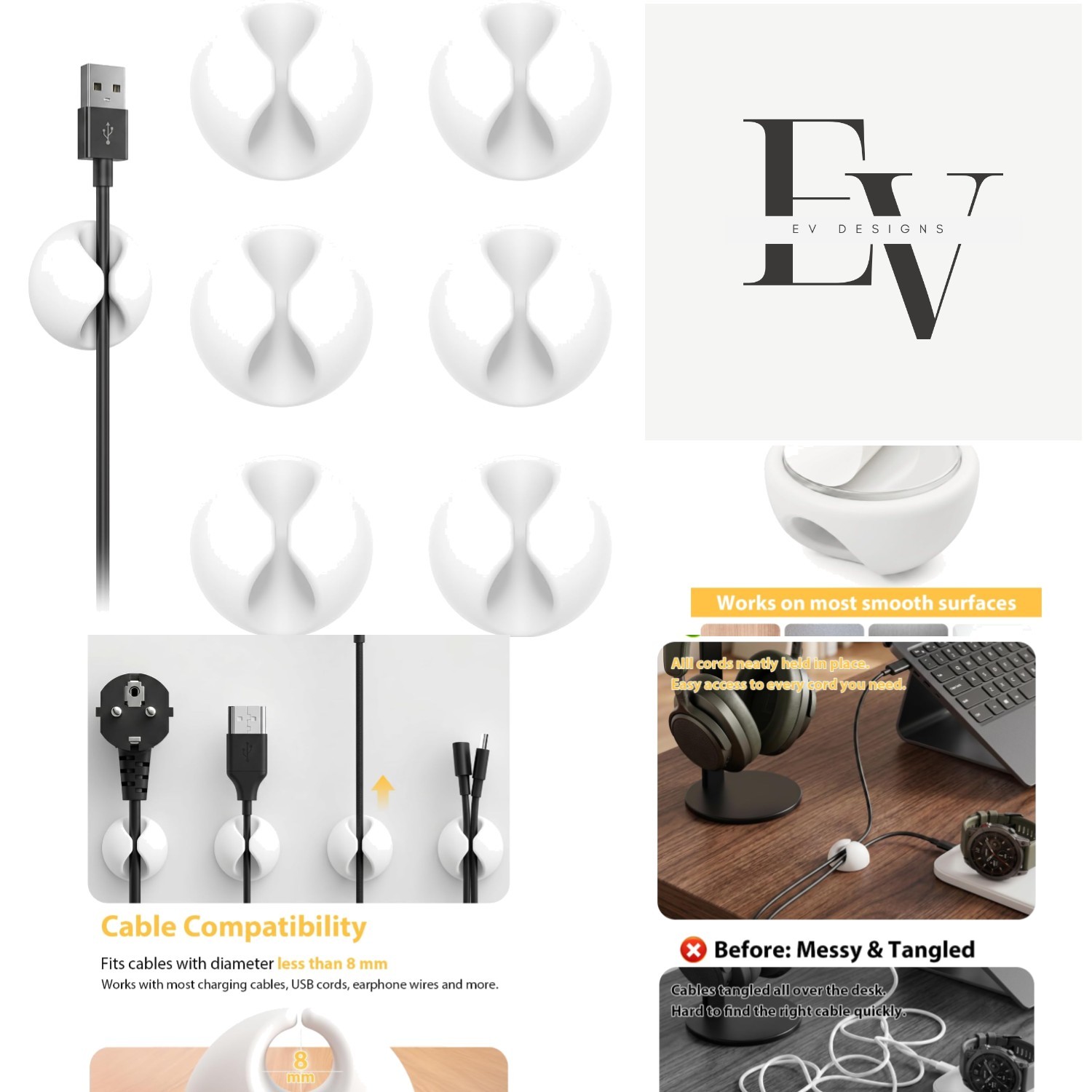 6pcs Self-Adhesive Cable Clips - Elegant Rubber Cord Organizers for Neat Spaces