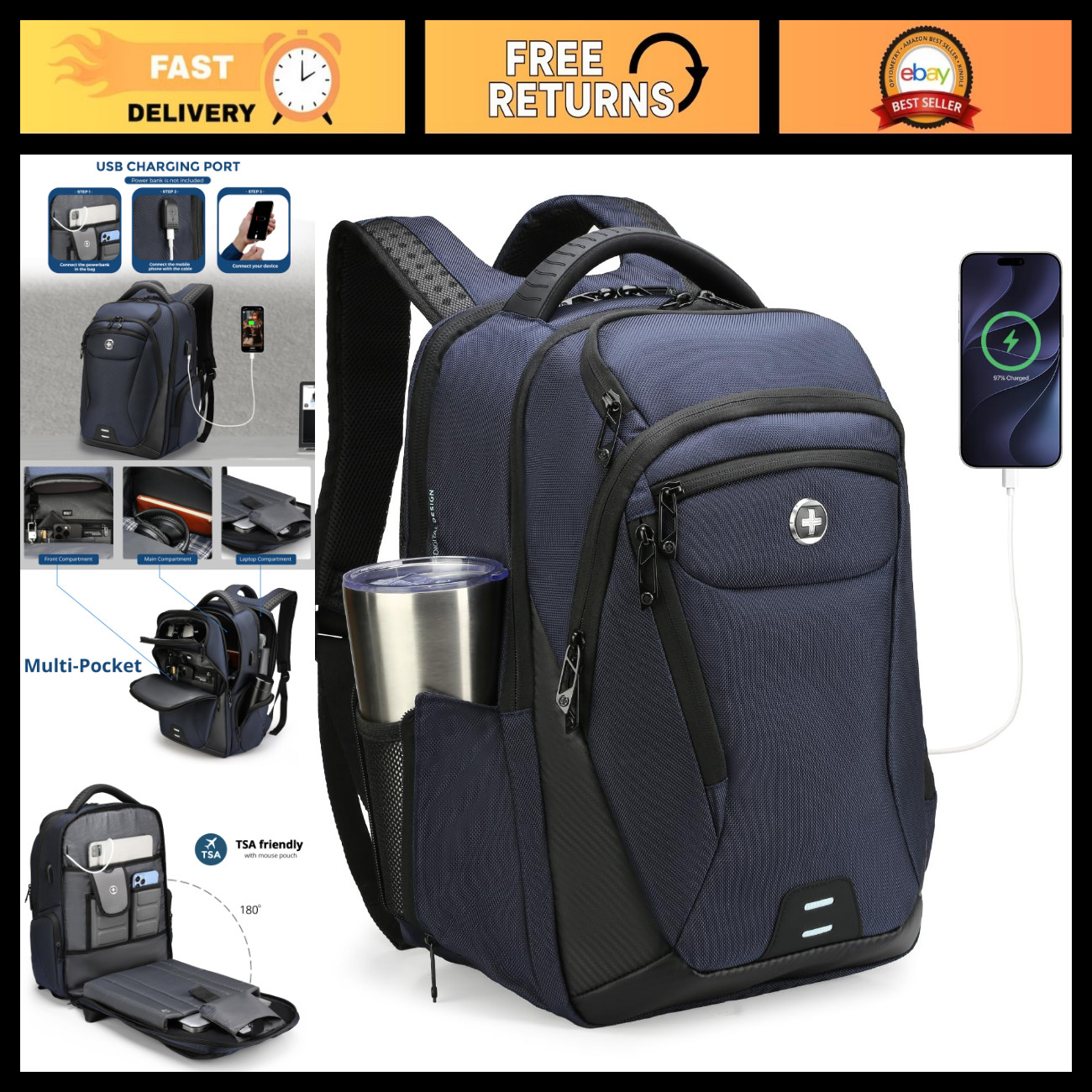 Stylish Laptop Backpack for Men, Fits 15.6" Computers, Water-Resistant, Travel R