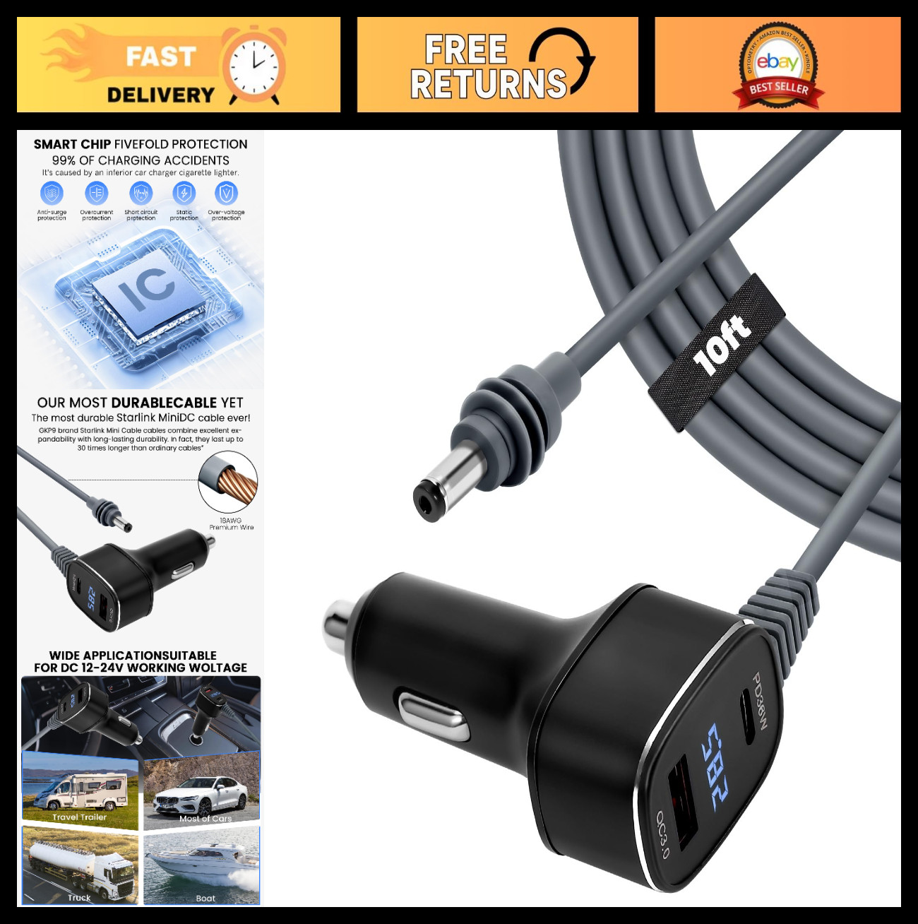 Mini Car Adapter 3 in 1, 12V-24V DC Power Cable with Digital Display, Waterproof