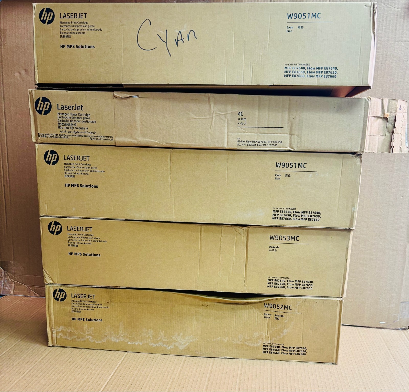 5 Open OEM HP LJ E87640, E87650 Cyan, Mag, Yellow Toner W9053MC,W9052MC,W9051MC