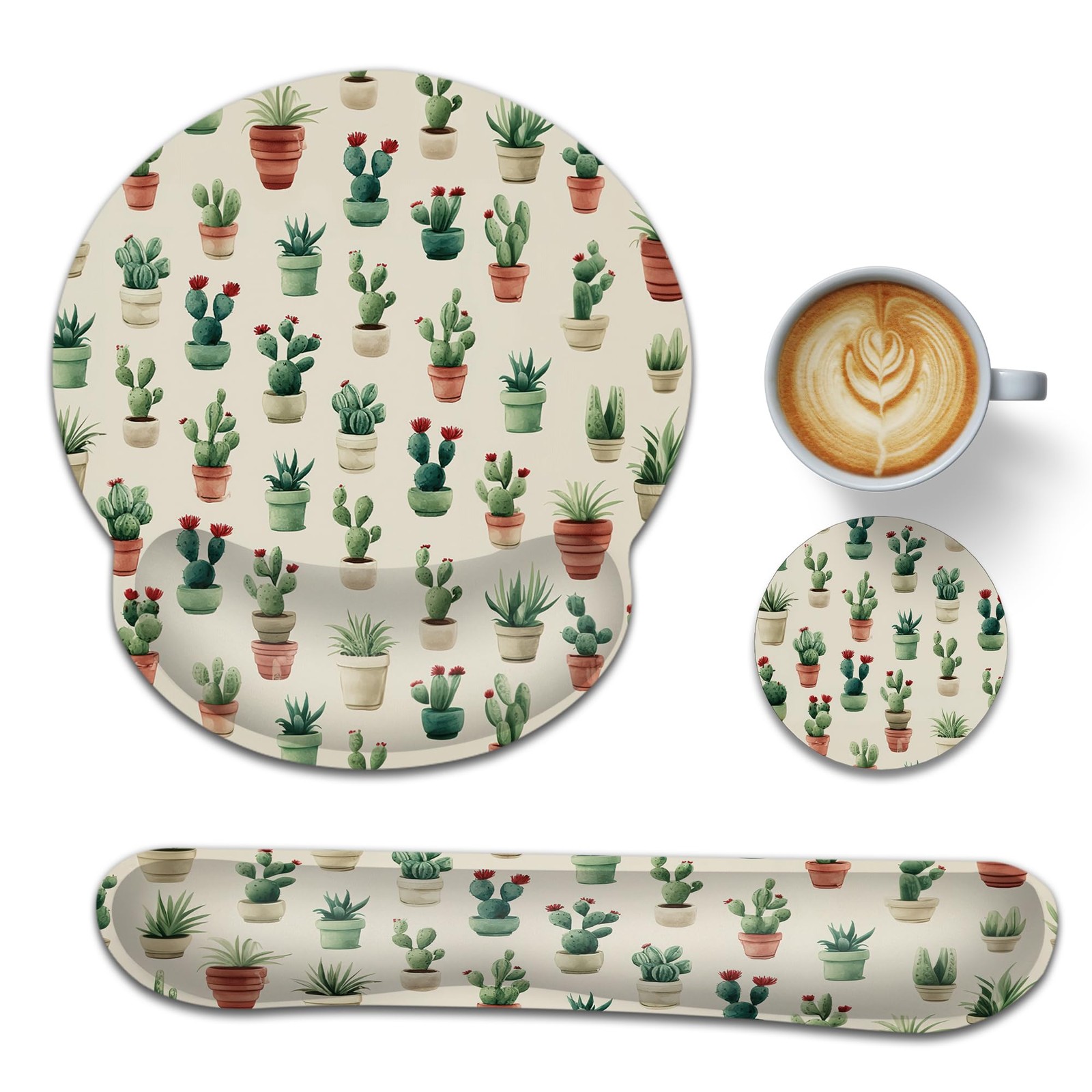 Cute Cacti Wrist Rest Mouse Pad and Keyboard Support Set,Succulent Plants Flo...