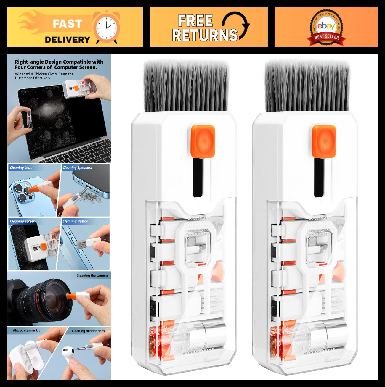 2 Pack All-in-1 Keyboard & Laptop Cleaning Kit - Reusable Brush, Screen-Safe Spr