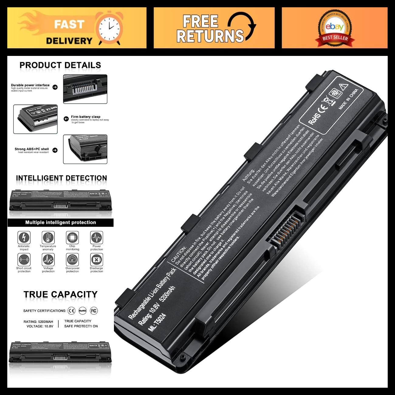 High-Capacity Laptop Battery Compatible with Toshiba Satellite C55 C855 L855 P85