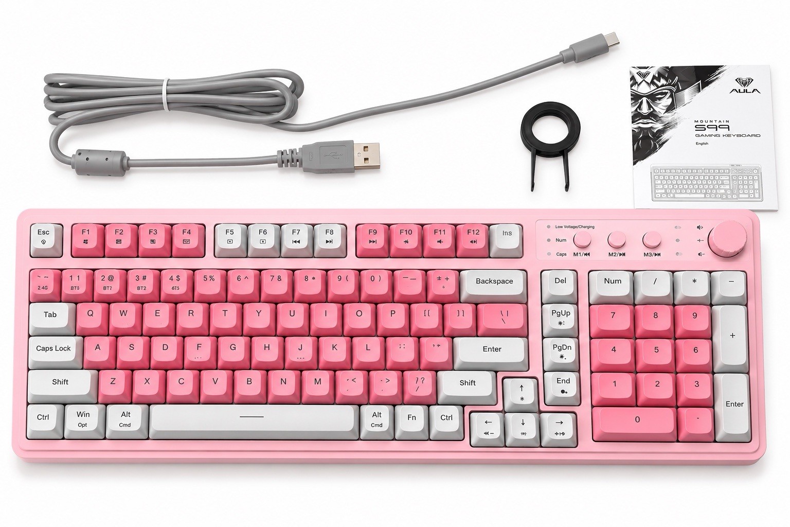 AULA S99 Tri-Mode Wireless Gaming Keyboard Multi-Function Knob White Pink
