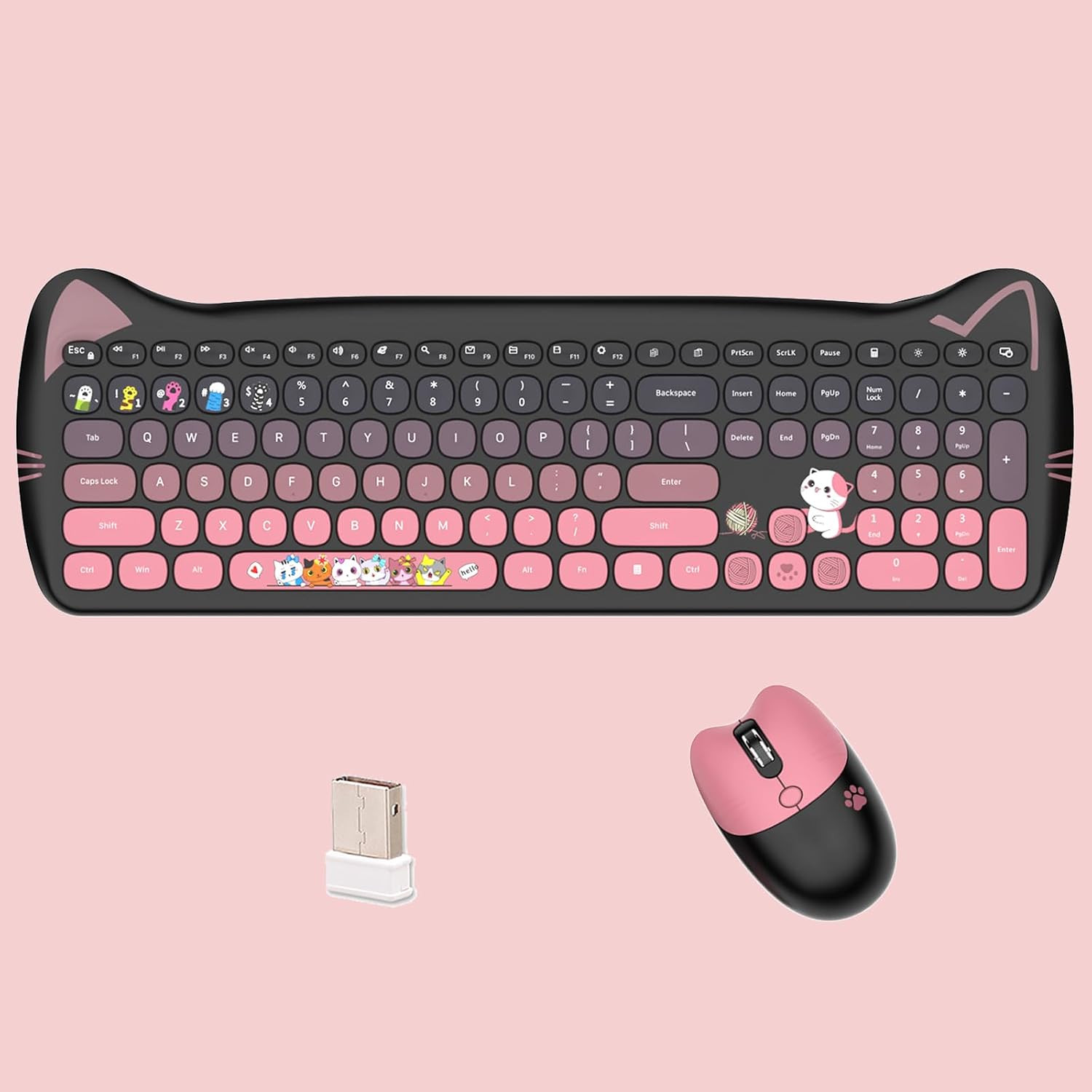 Cute Cat 2.4G USB Wireless Keyboard and Mouse Combo, Silent Keys, Candy Colors,