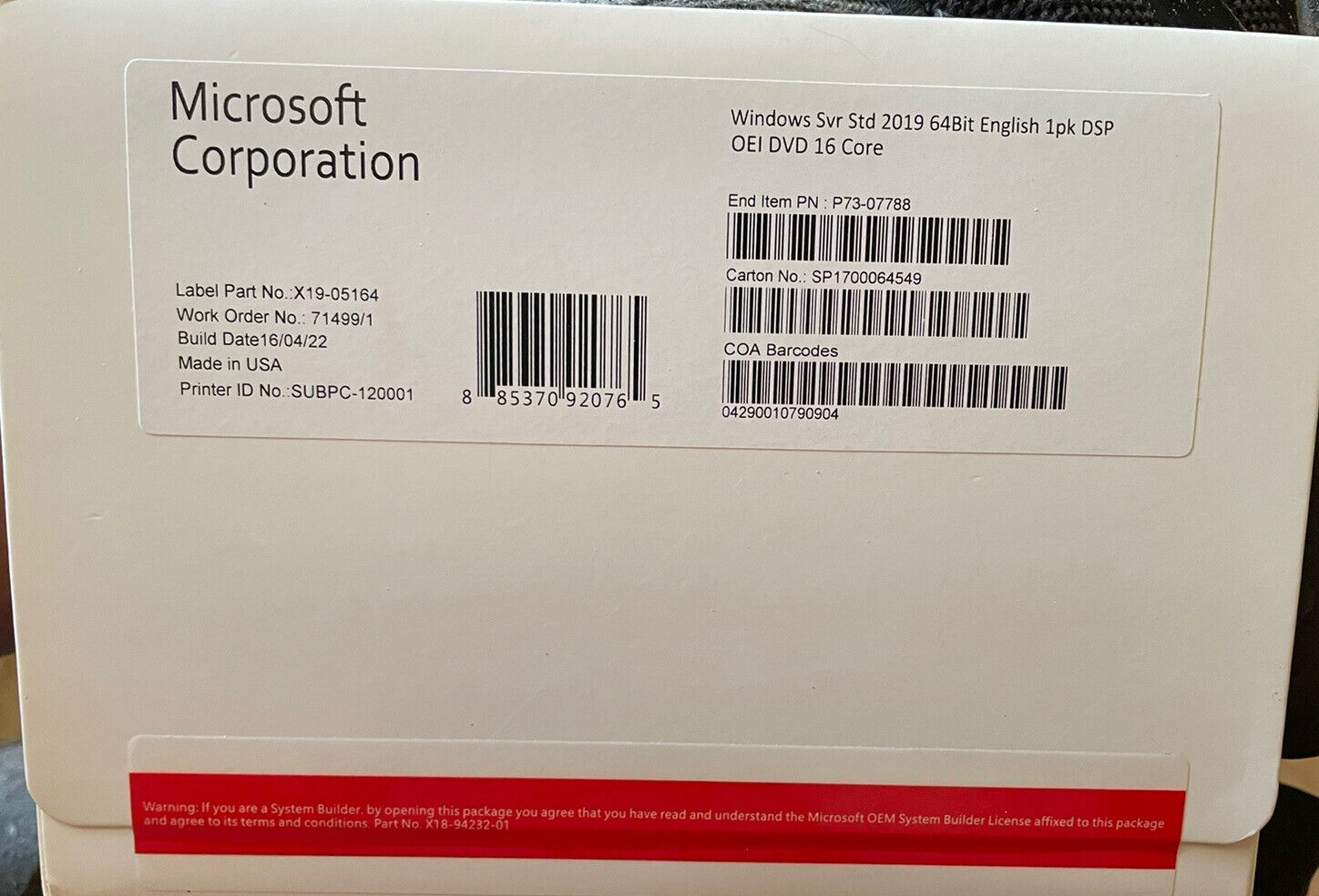 Microsoft Windows Server 2016 Standard x64 DVD 16-Cores PRODUCT LICENSE KEY+COA