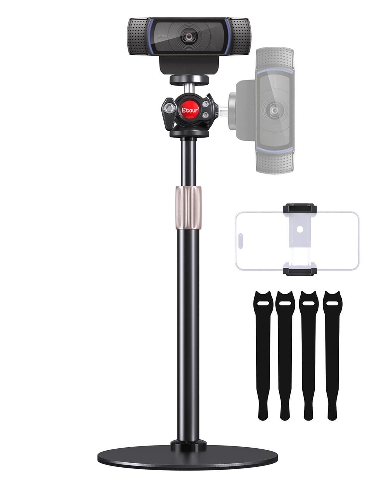 Height Adjustable Desk Webcam Tripod Stand Small Base 360 Swivel Ballhead