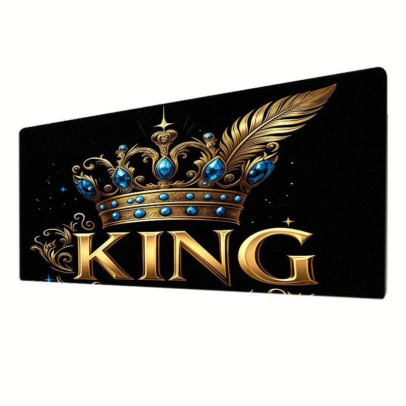 A Large Black Desk Mat Featuring a Golden Crown And The Word 'KING', Adorned w