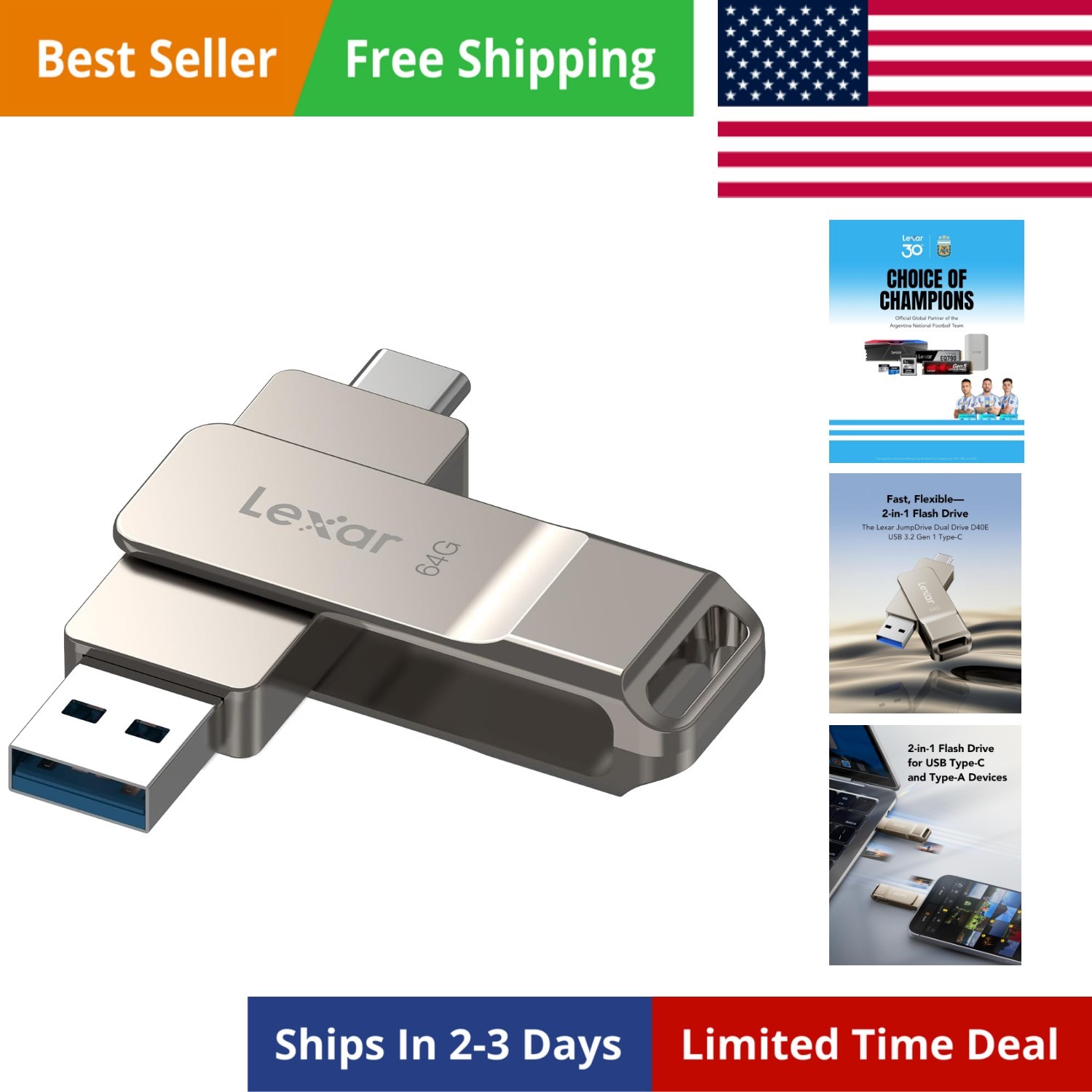 D40E 64GB Dual USB 3.2 Gen 1 Type-C Jump Drive, USB-C Flash Metal Housing Swi...