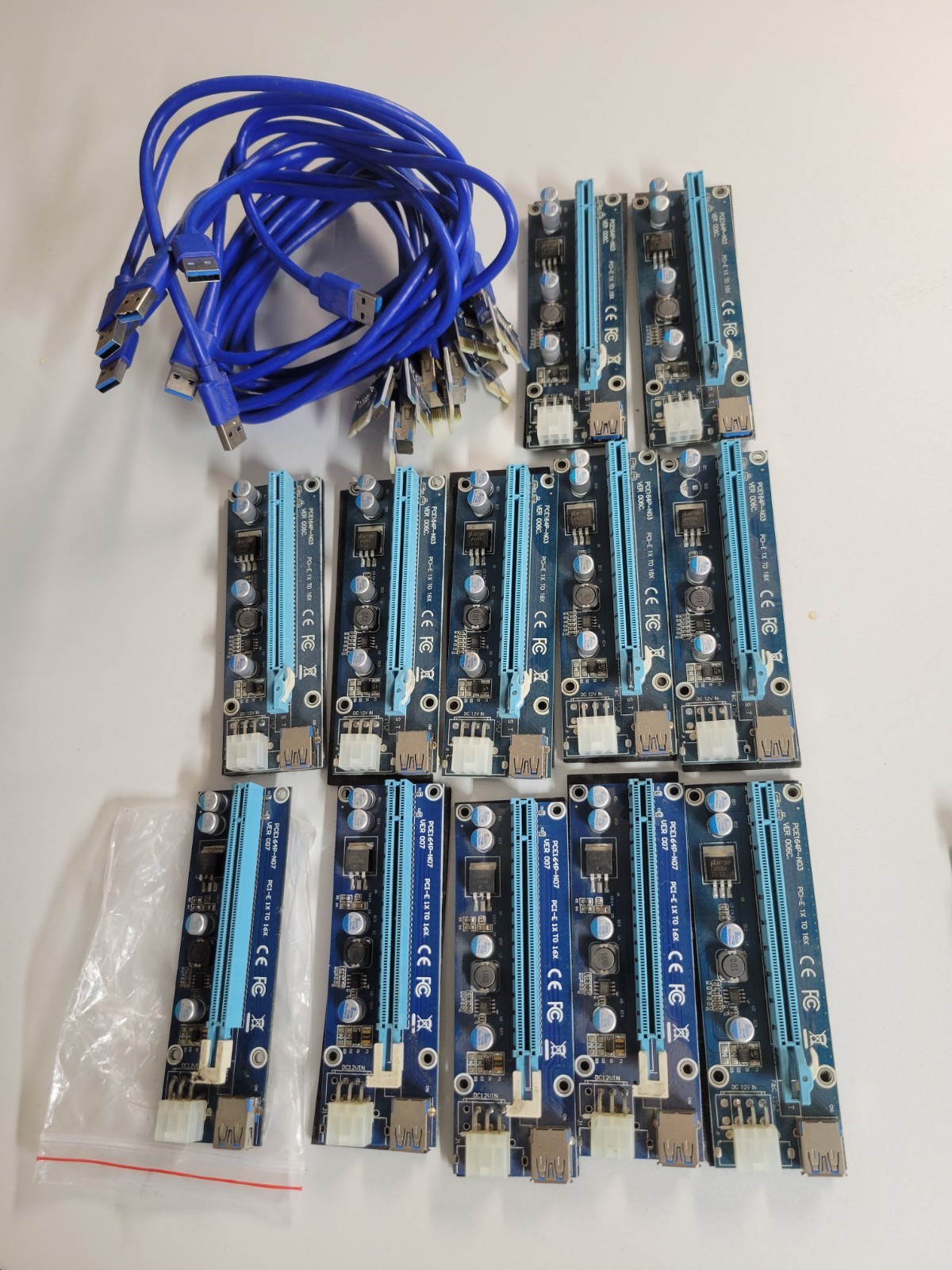 Bulk Crypto Mining GPU Riser Lot 12-Pack PCIe 1x to 16x Boards,Chips &USB Cables