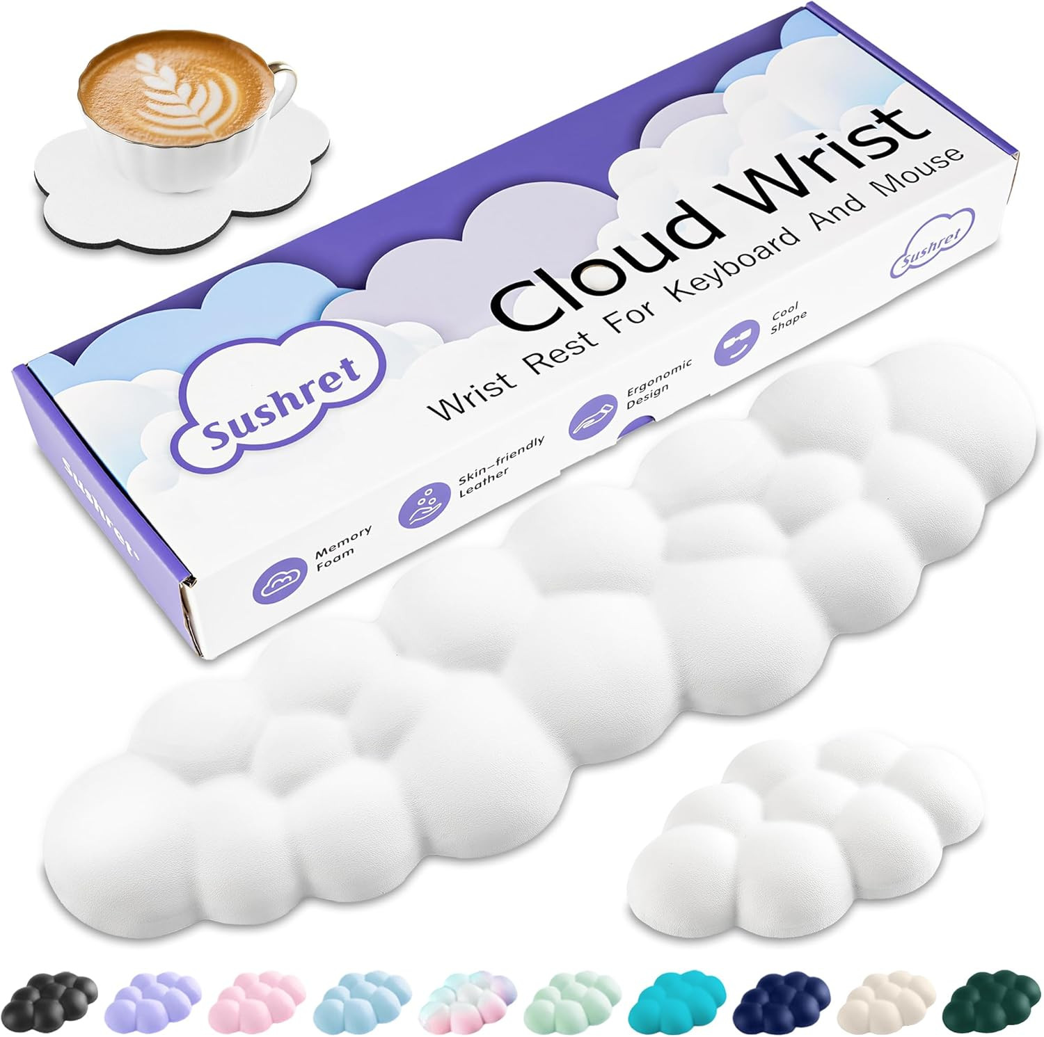 Cloud Keyboard Wrist Rest Set with PU Leather Memory Foam - White