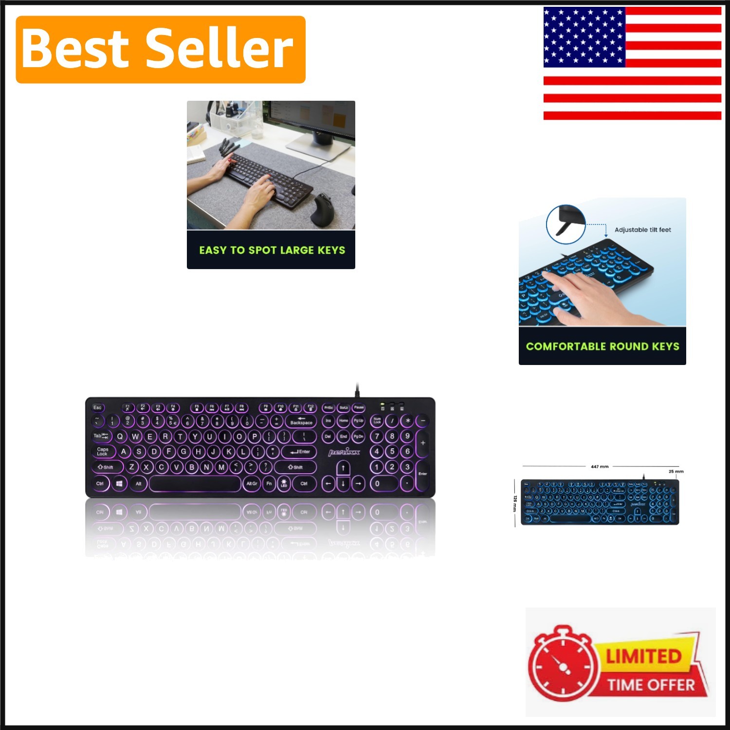 Wired USB Keyboard with 105 Large Print Keys & RGB Backlighting - PERIBOARD-317R