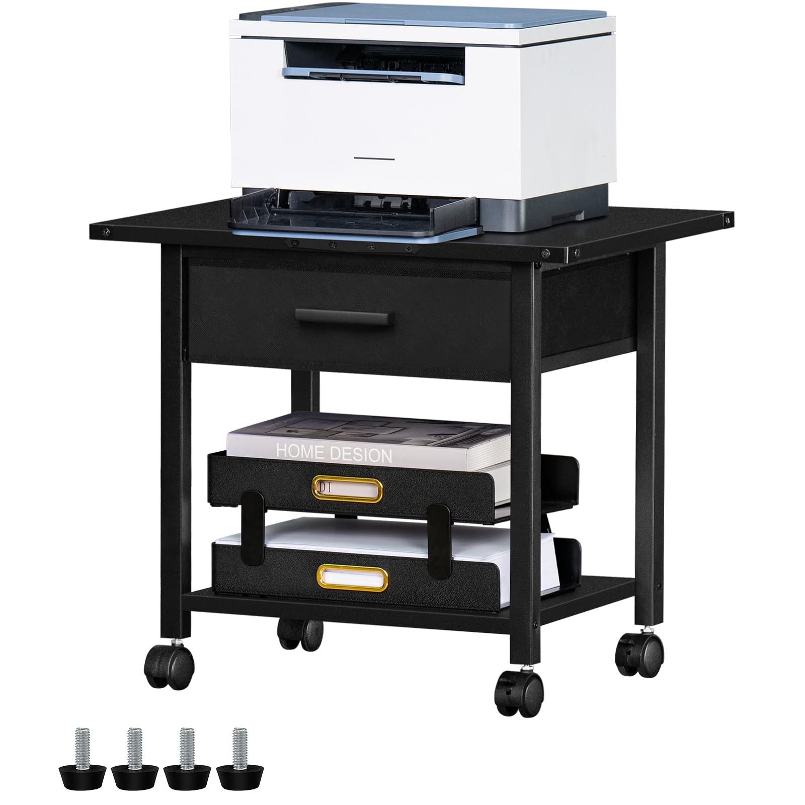 Black 2Tier Under Desk Rolling Printer Stand Table Shelf Storage Drawer
