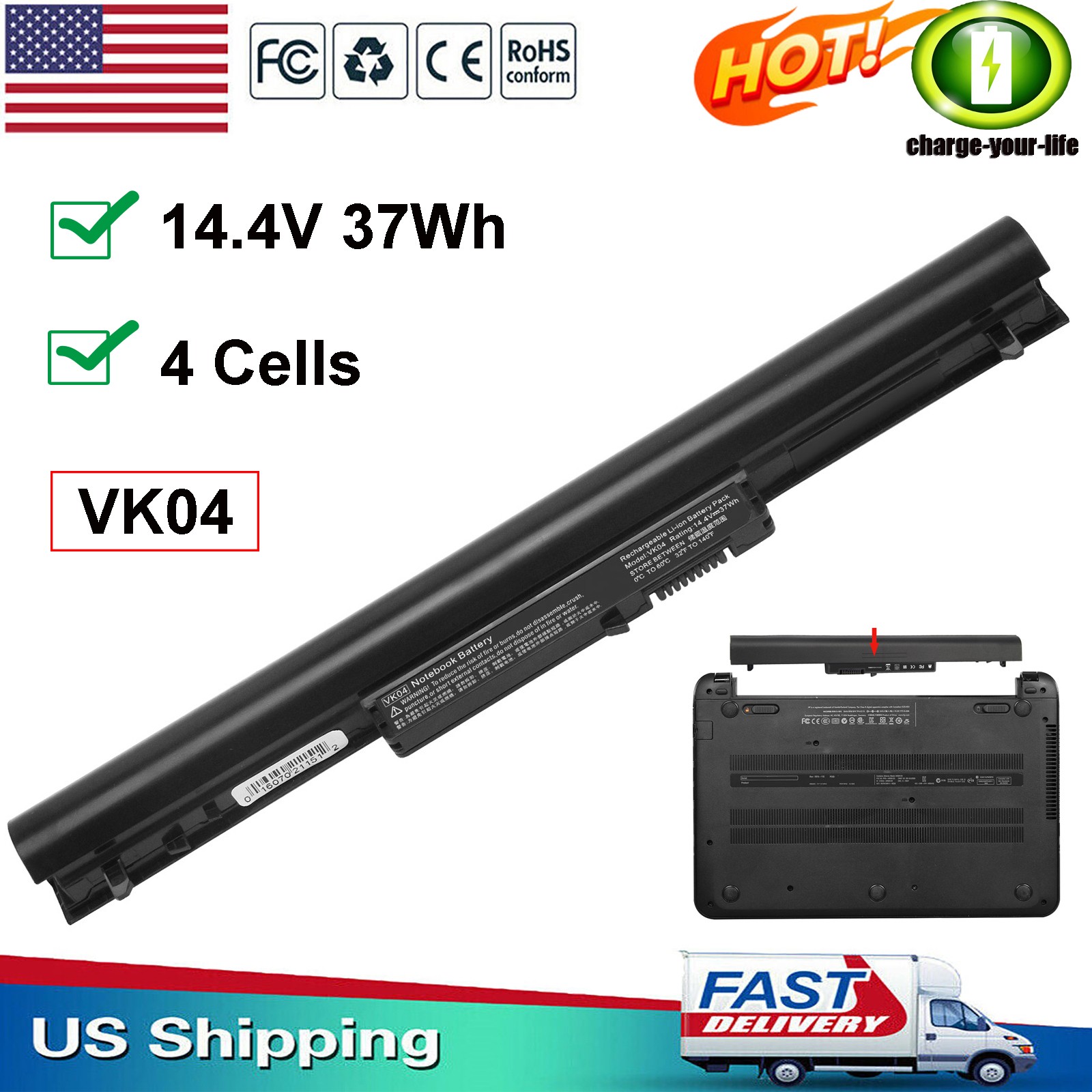 ✅LOT VK04 695192-001 Battery for HP Pavilion Sleekbook 14 15 HSTNN-YB4D Notebook