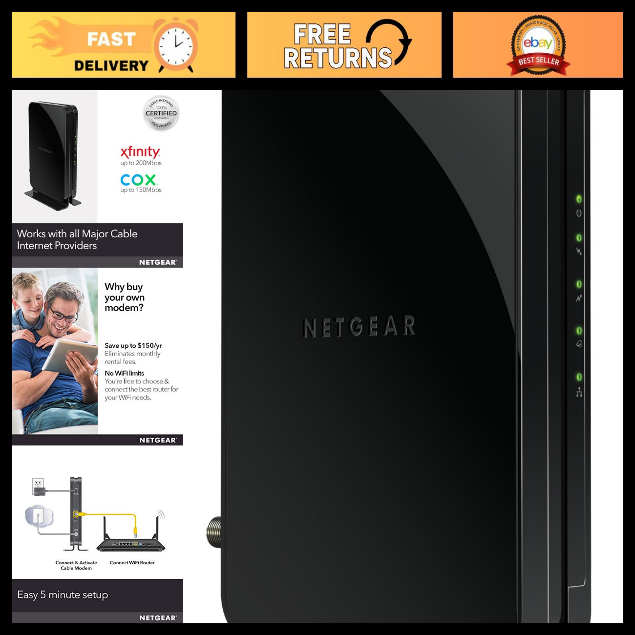 DOCSIS 3.0 Cable Modem for Xfinity, Cox & More - Up to 400 Mbps, High-Speed Inte