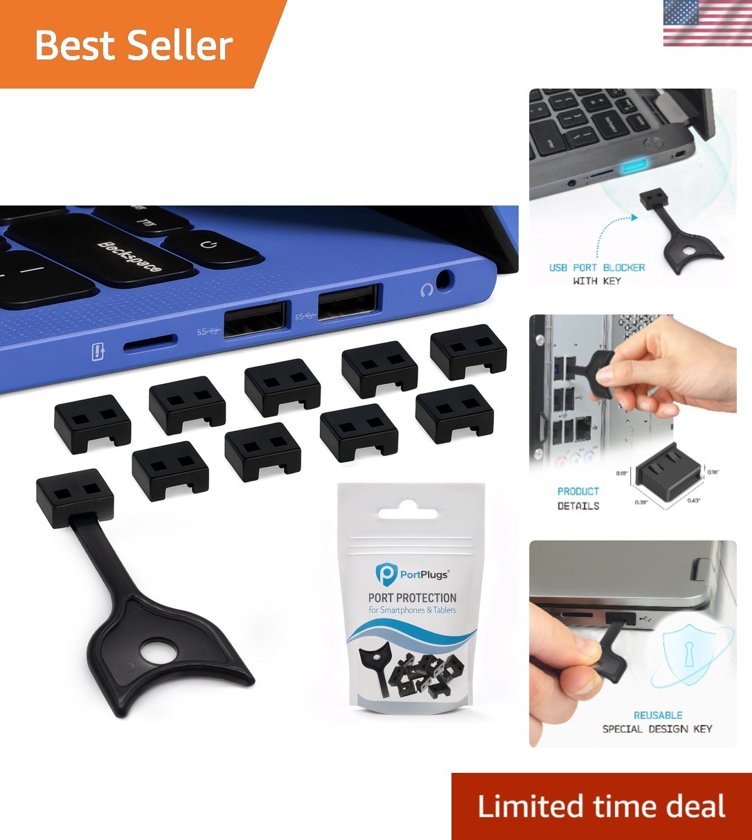 USB A Port Blockers 10 Pack, Security Locks with Removal Key, Black
