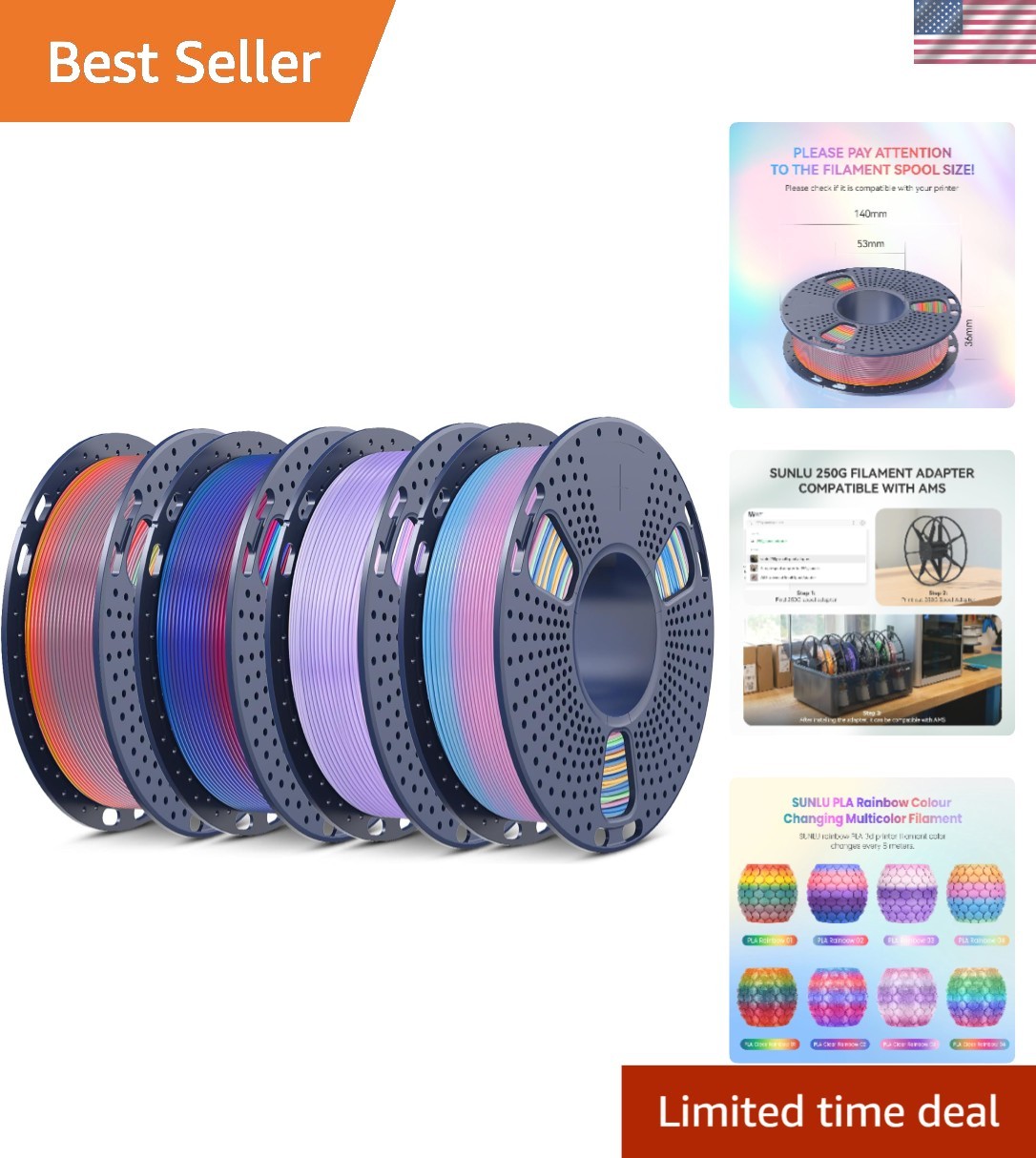 250g Rainbow PLA Filament Bundle - Vibrant Multicolor 3D Printing Filament
