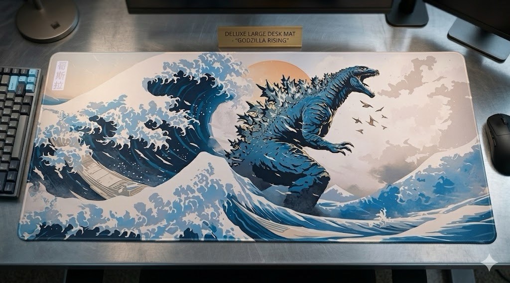 Godzilla Great Wave Off Kanagawa Gaming Desk Mat XL Mouse Pad Japanese Art Style