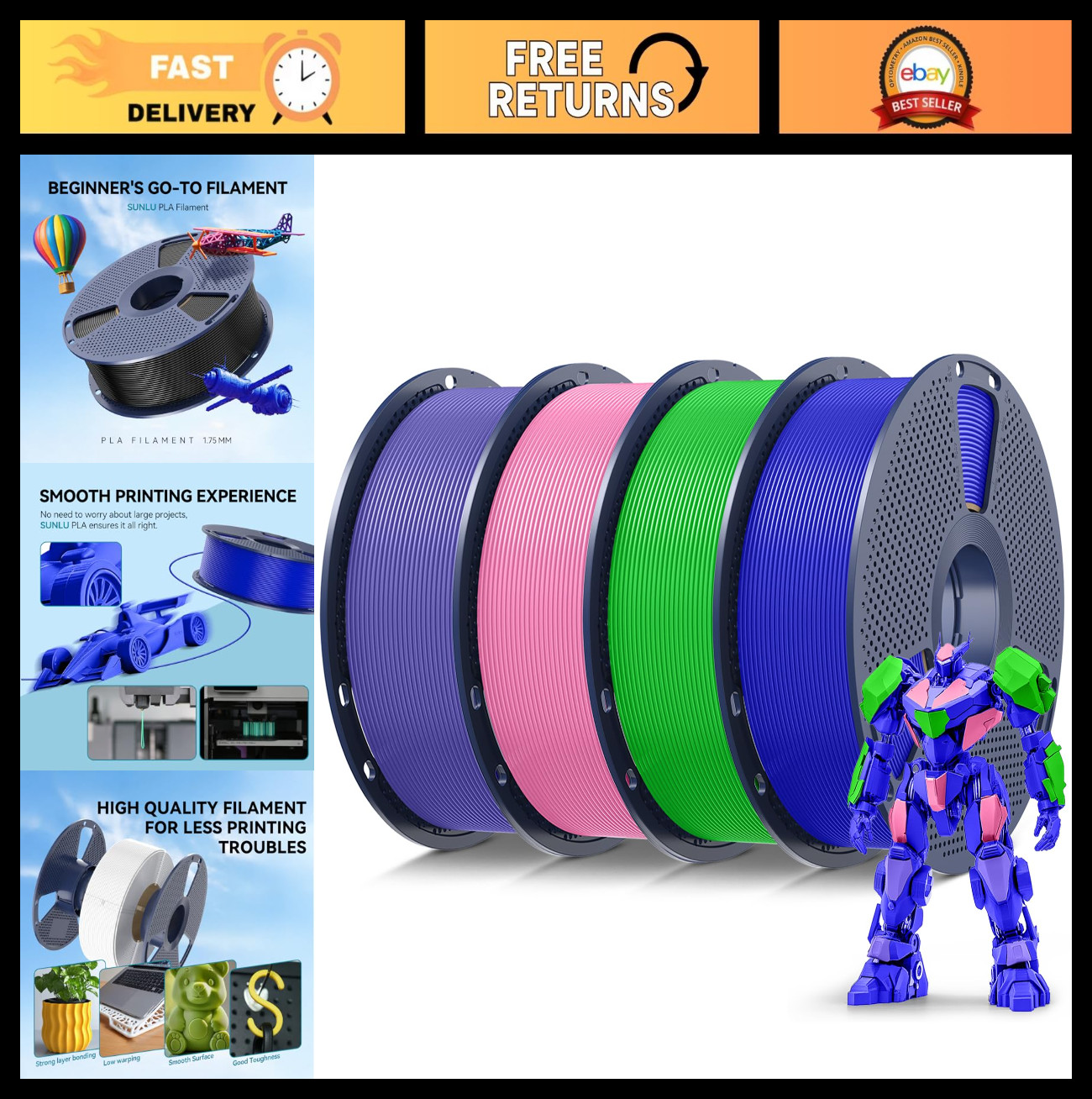 4kg Multicolor PLA 3D Printer Filament Bundle - 1.75mm, Vacuum Packed, 4 Spools