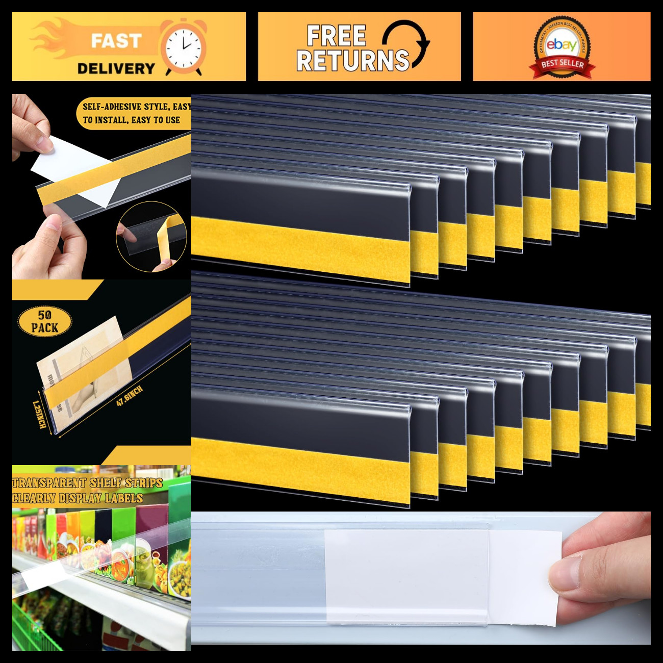 50 Pcs Adhesive Shelf Label Strips, 1.25''H x 48''L, White, Perfect for Organizi