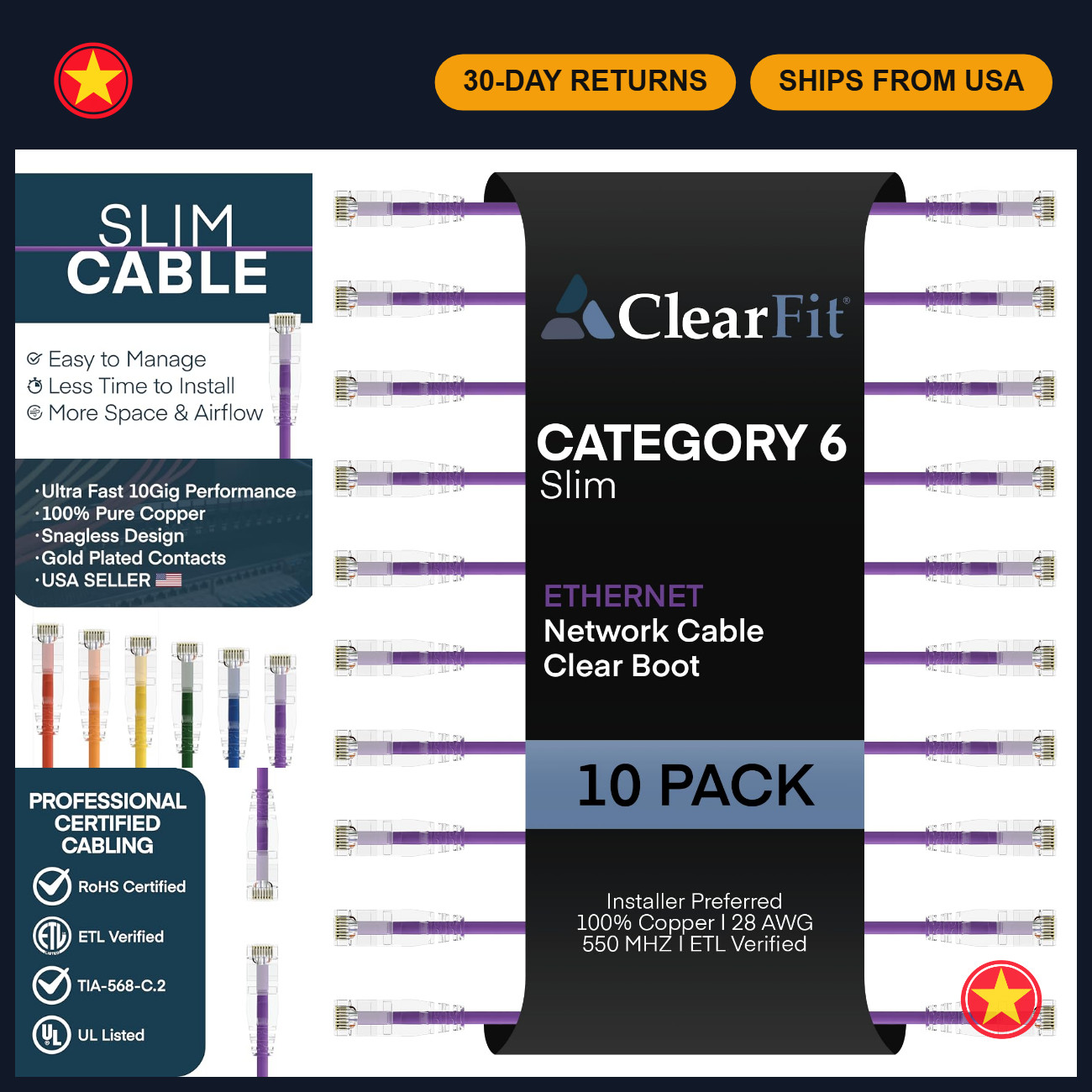 Slim 10-Pack Cat6 Ethernet Cable 30ft Purple 28AWG High-Speed LAN Network Patch