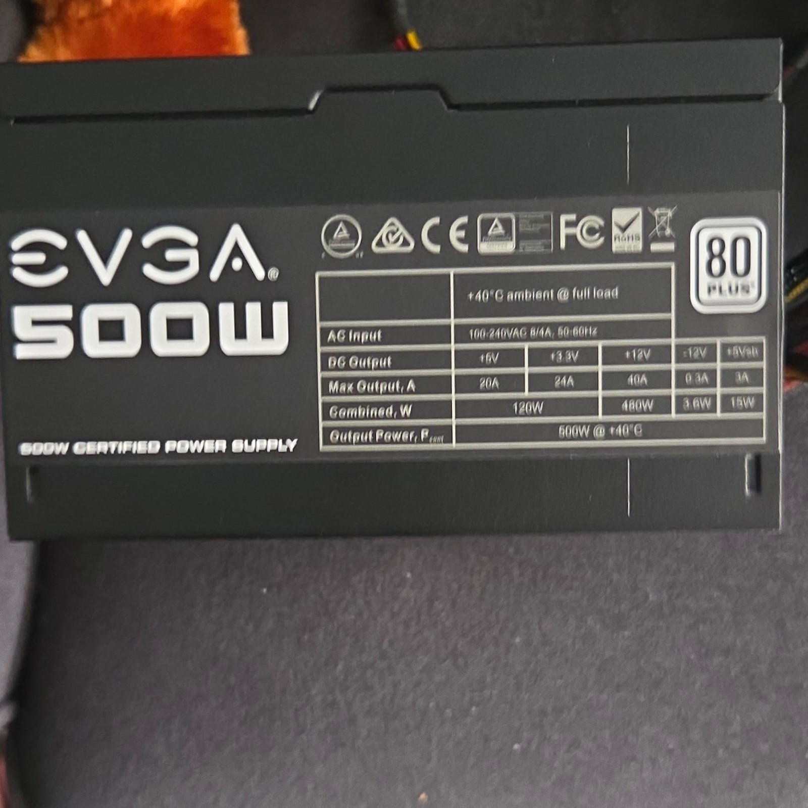 EVGA 500W 80 PLUS ATX PSU EVGA 500 W1 100-W1-0500 24-Pin Black