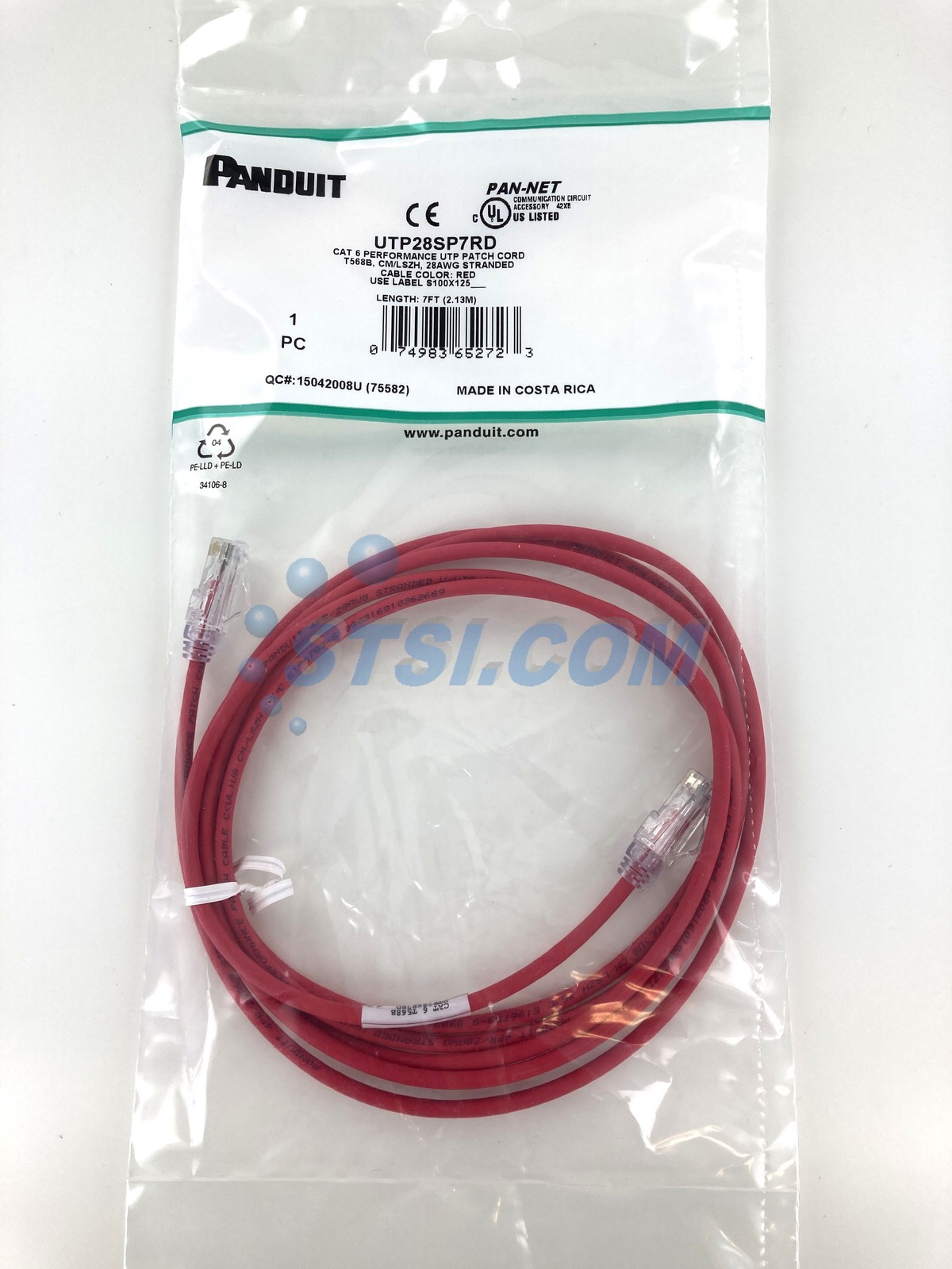 Panduit UTP28SP7RD Cat6 28 AWG Network Patch Cable/Cord, 7 Ft Red ~STSI