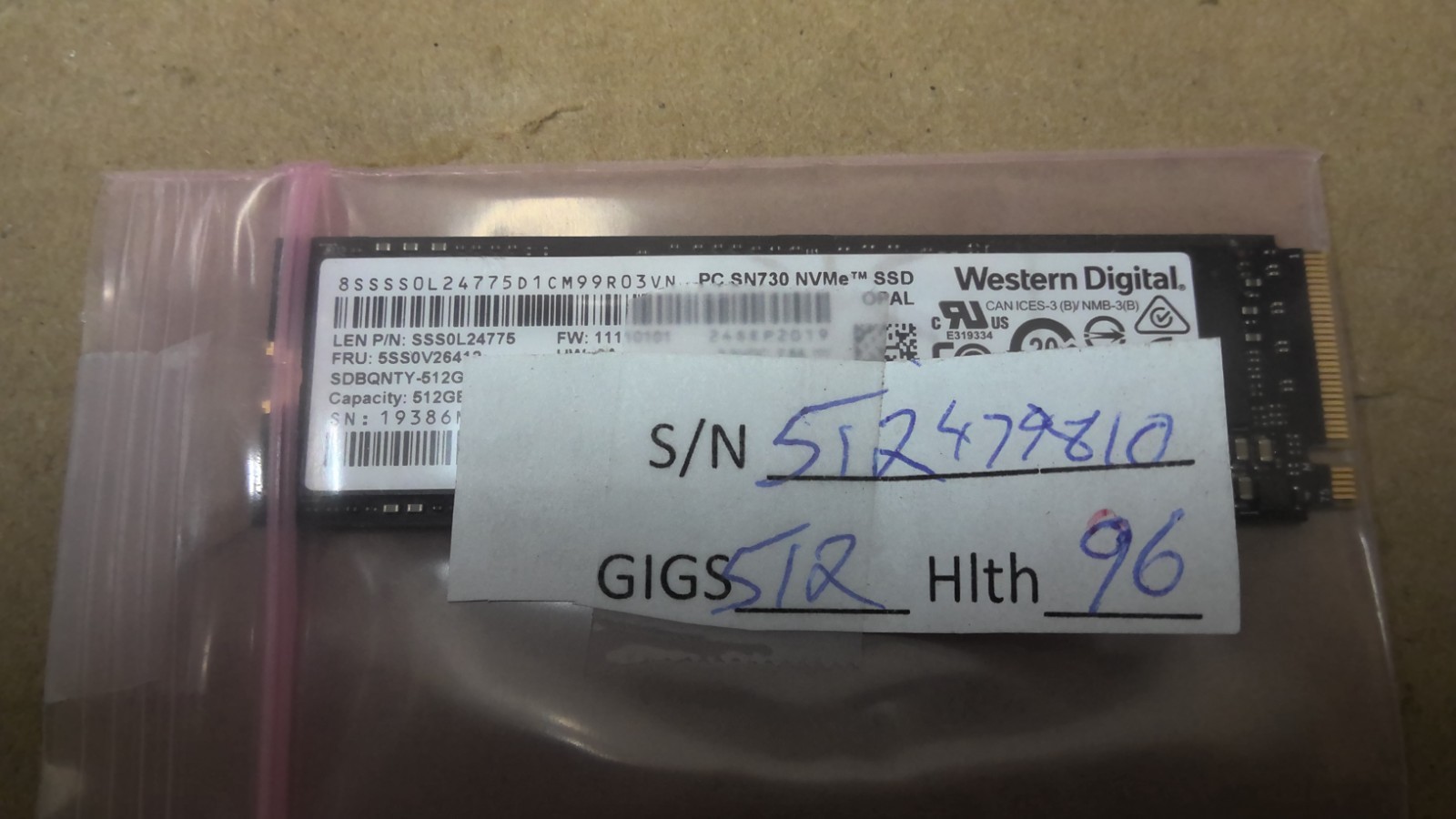 Western Digital SN730 512GB NVMe SSD, 96% Health