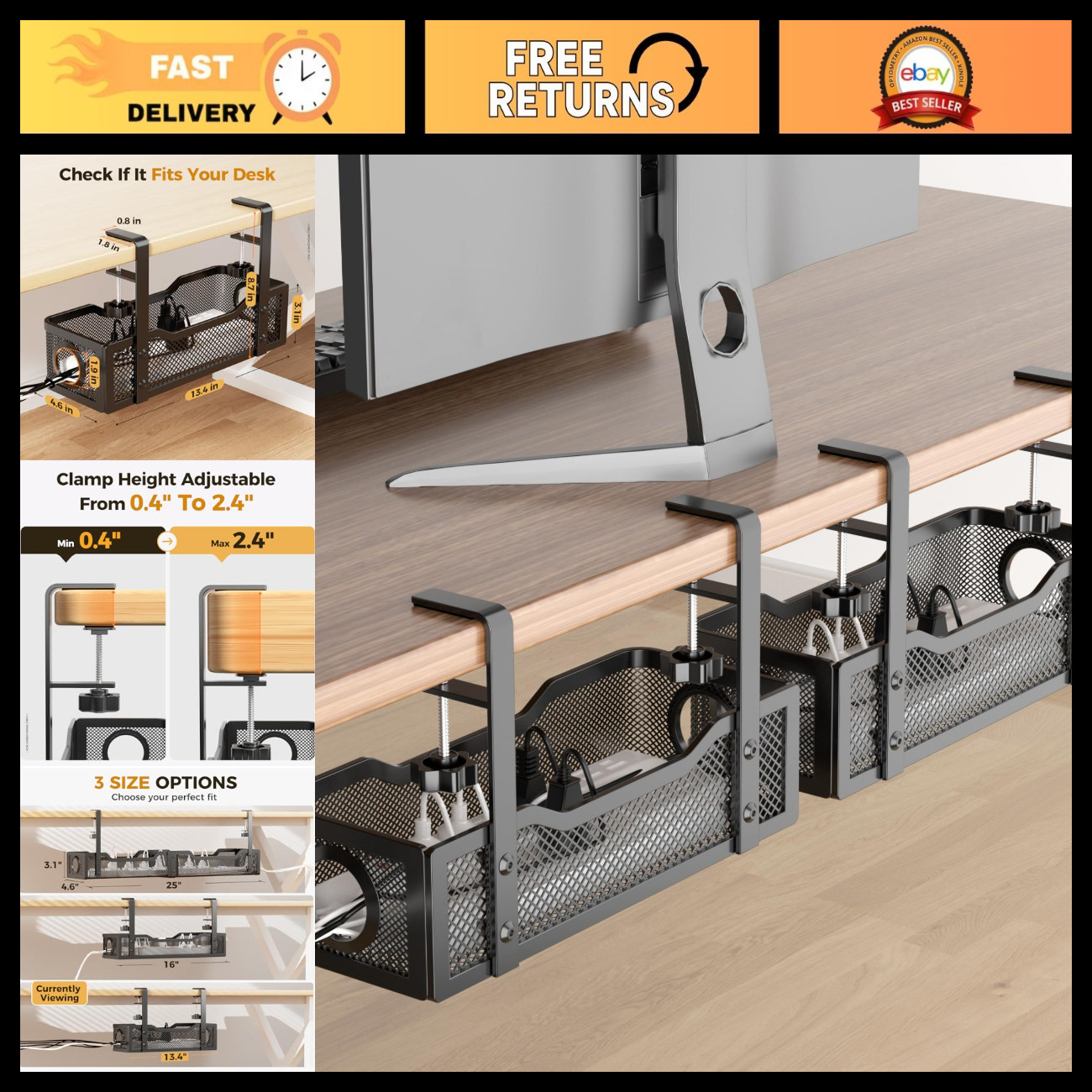 2 Pack Under Desk Cable Management Box - Wire Organizers, Cord Tray with Clamp f