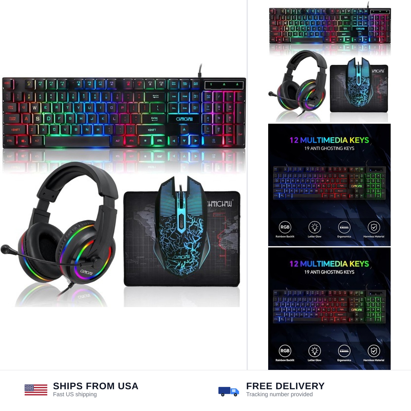 Gaming LED Keyboard Mouse Headset and Mousepad Bundle, CHONCHOW Wired Rainbow...