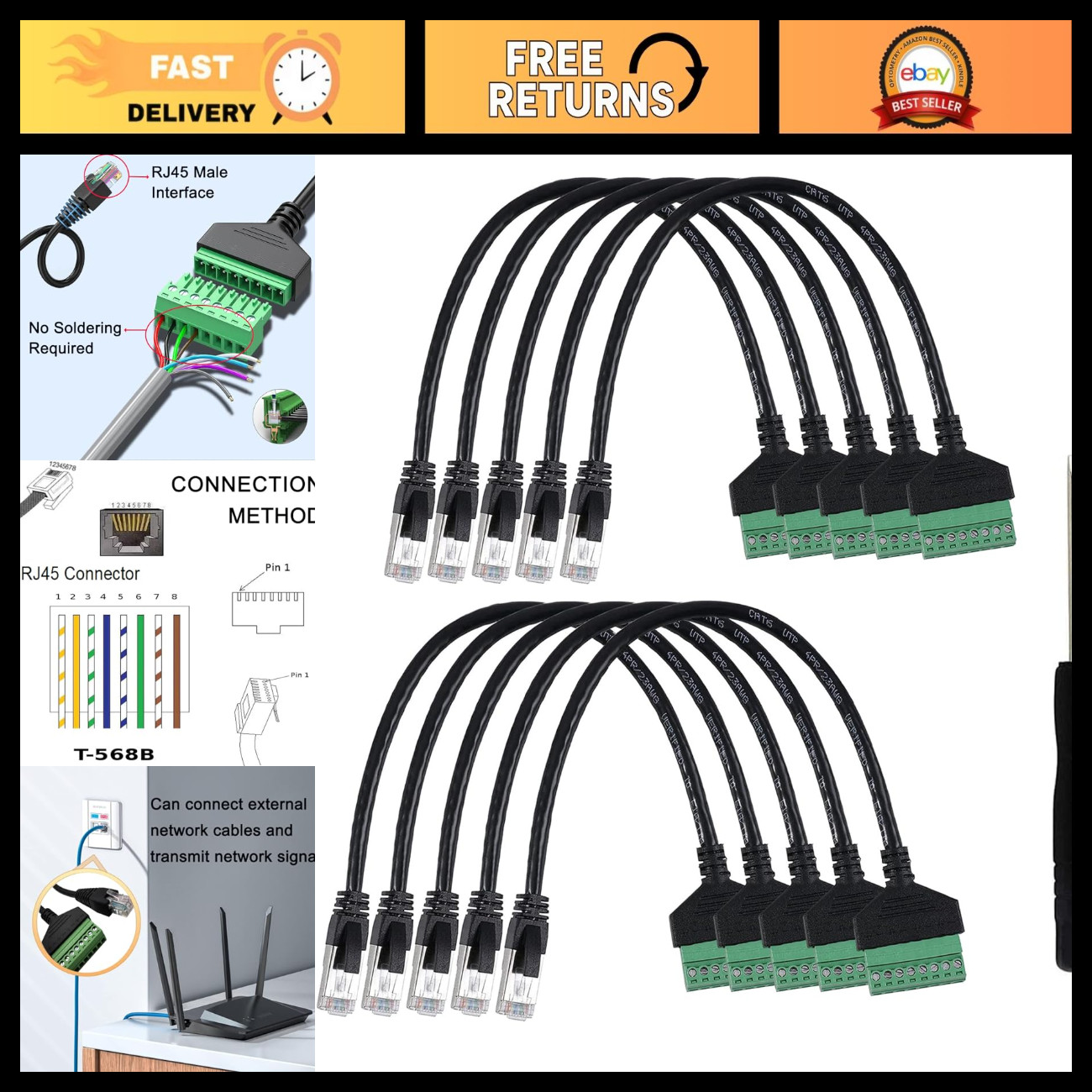 10Pcs 1ft RJ45 Male to 8Pin Screw Terminal Adapter for CCTV, DVR, Networking