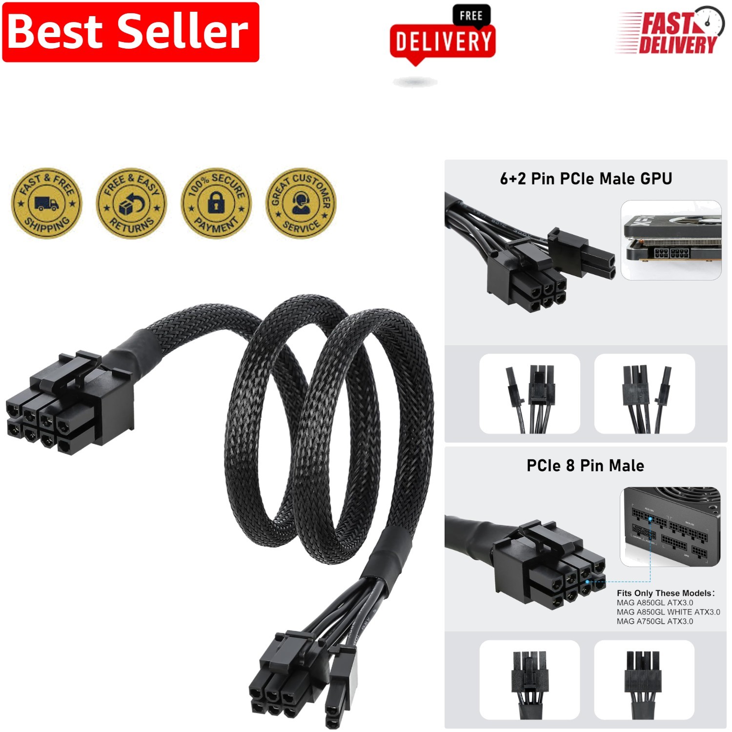 High-Strength PCIe GPU Power Cable for MSI MAG A750GL – 8 Pin Male, 25.5 Inch