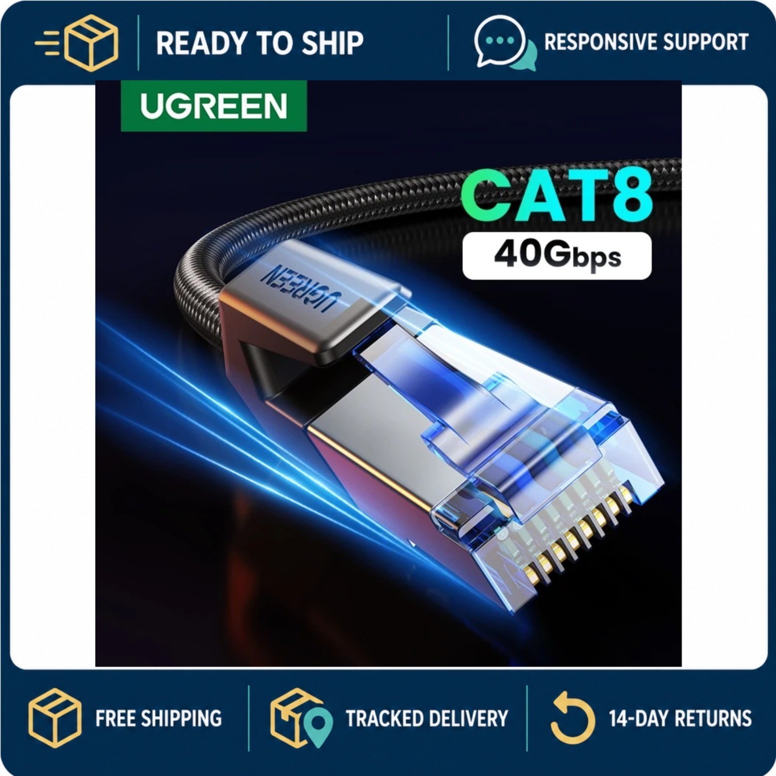 UGREEN Cat 8 Ethernet Cable 40Gbps 2000MHz Braided RJ45 Shielded LAN Cord