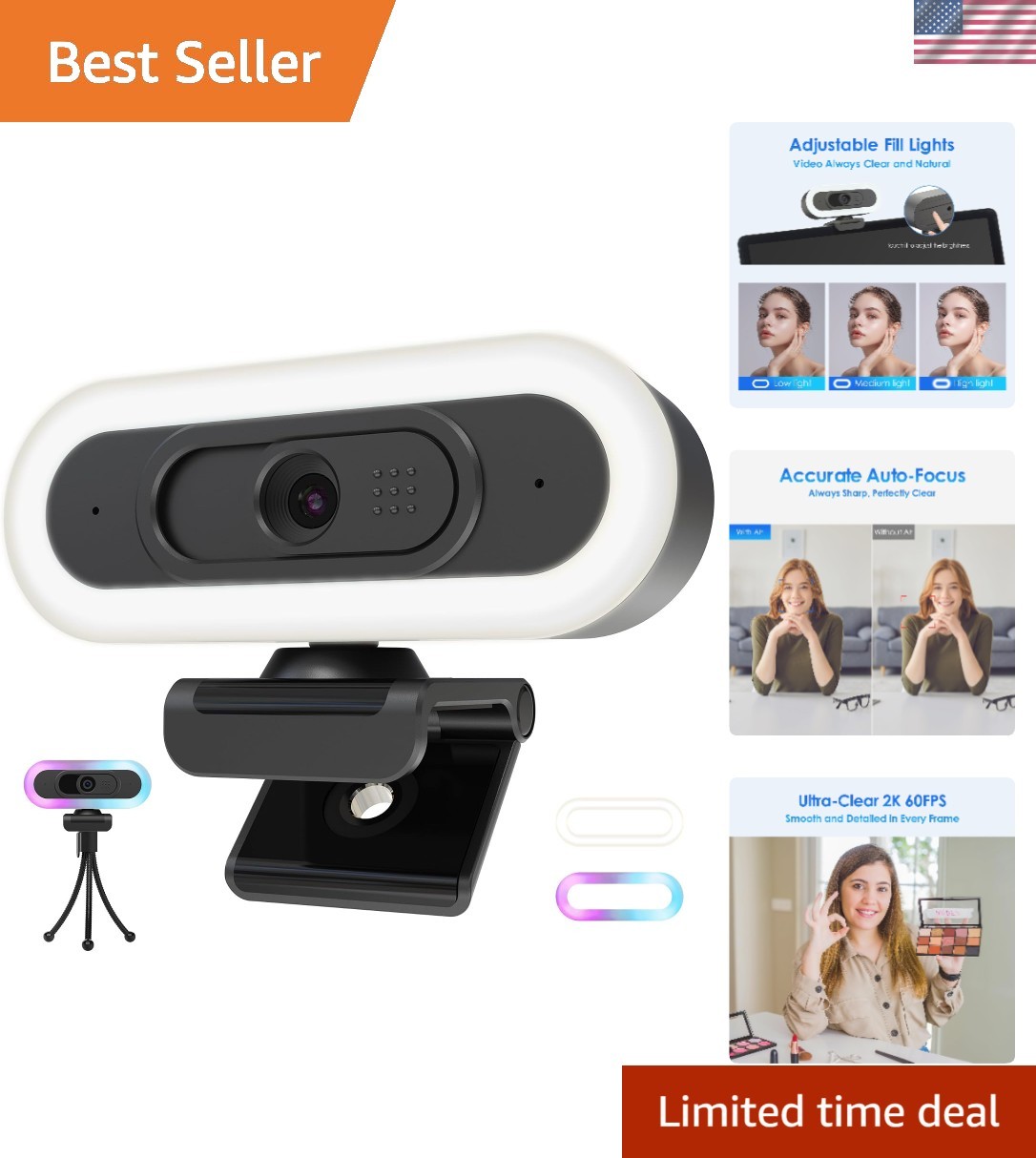 HD 2K Webcam for PC & Laptop with Autofocus, Privacy Cover, & Microphone