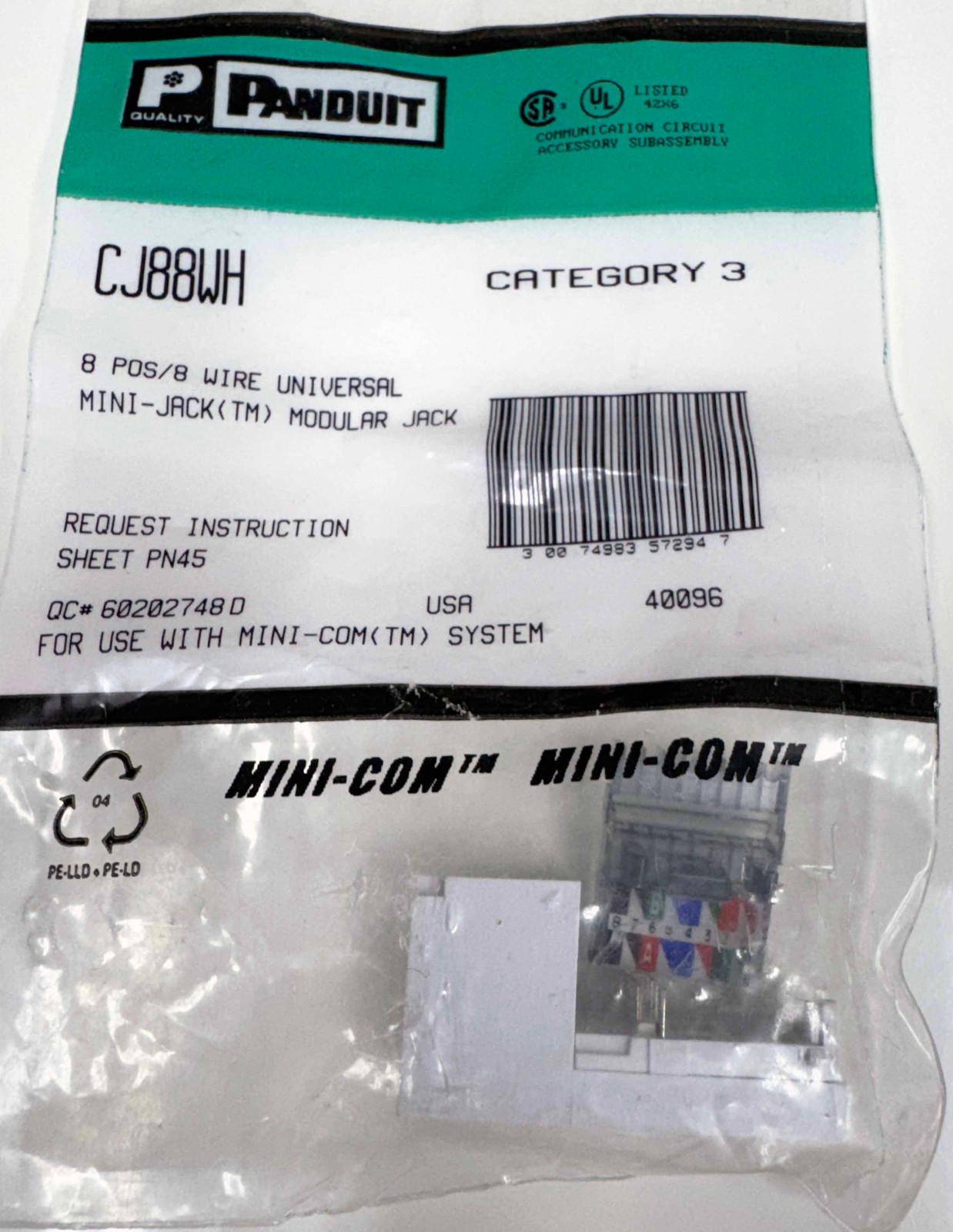 NEW Panduit CJ88WH Mini-Com CAT3 8 Wire Module UTP8 Jack WHITE RJ45