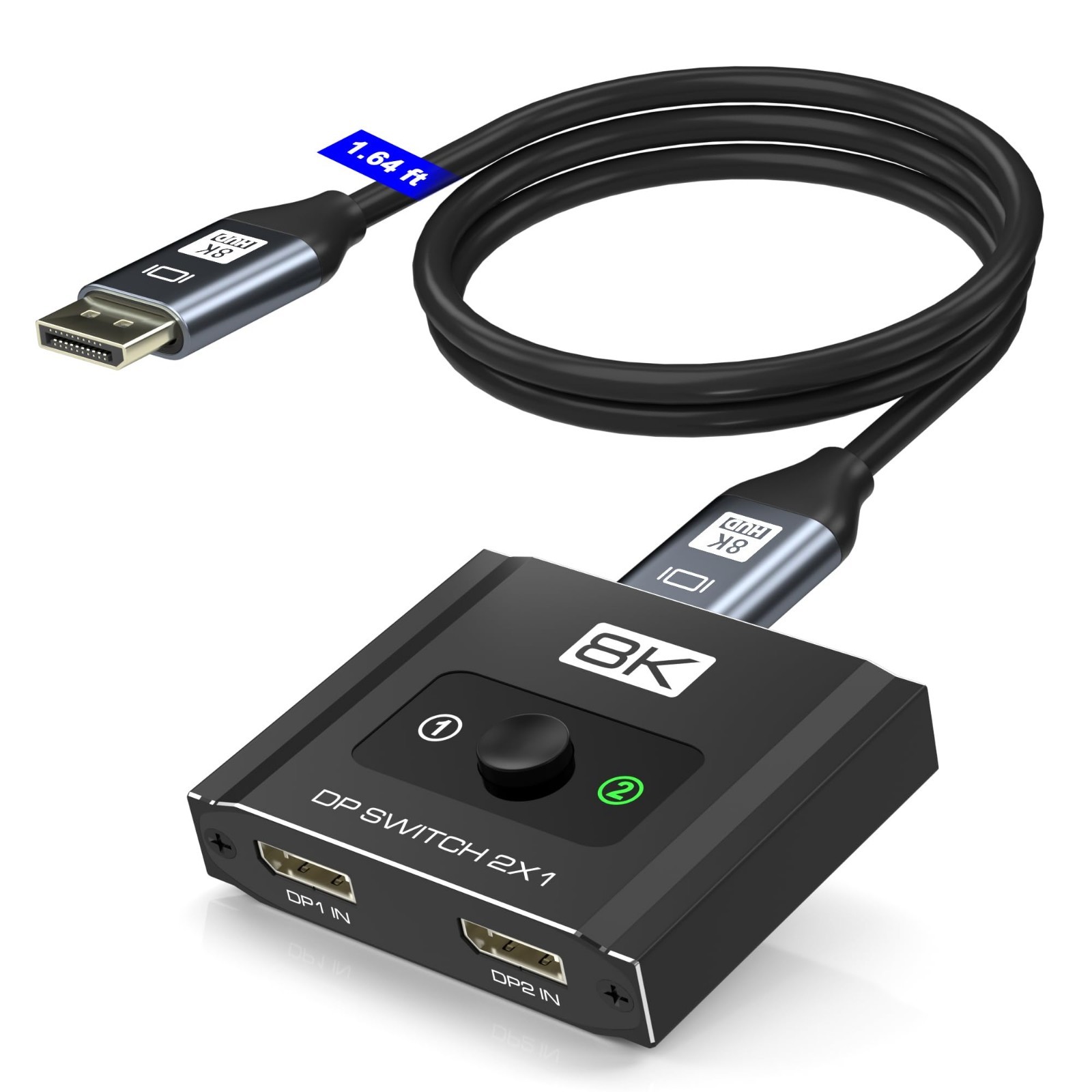 DisplayPort Switch 2 In 1 Out DP1.4 8K 4K w/ 1.64ft Cable USB-C Power