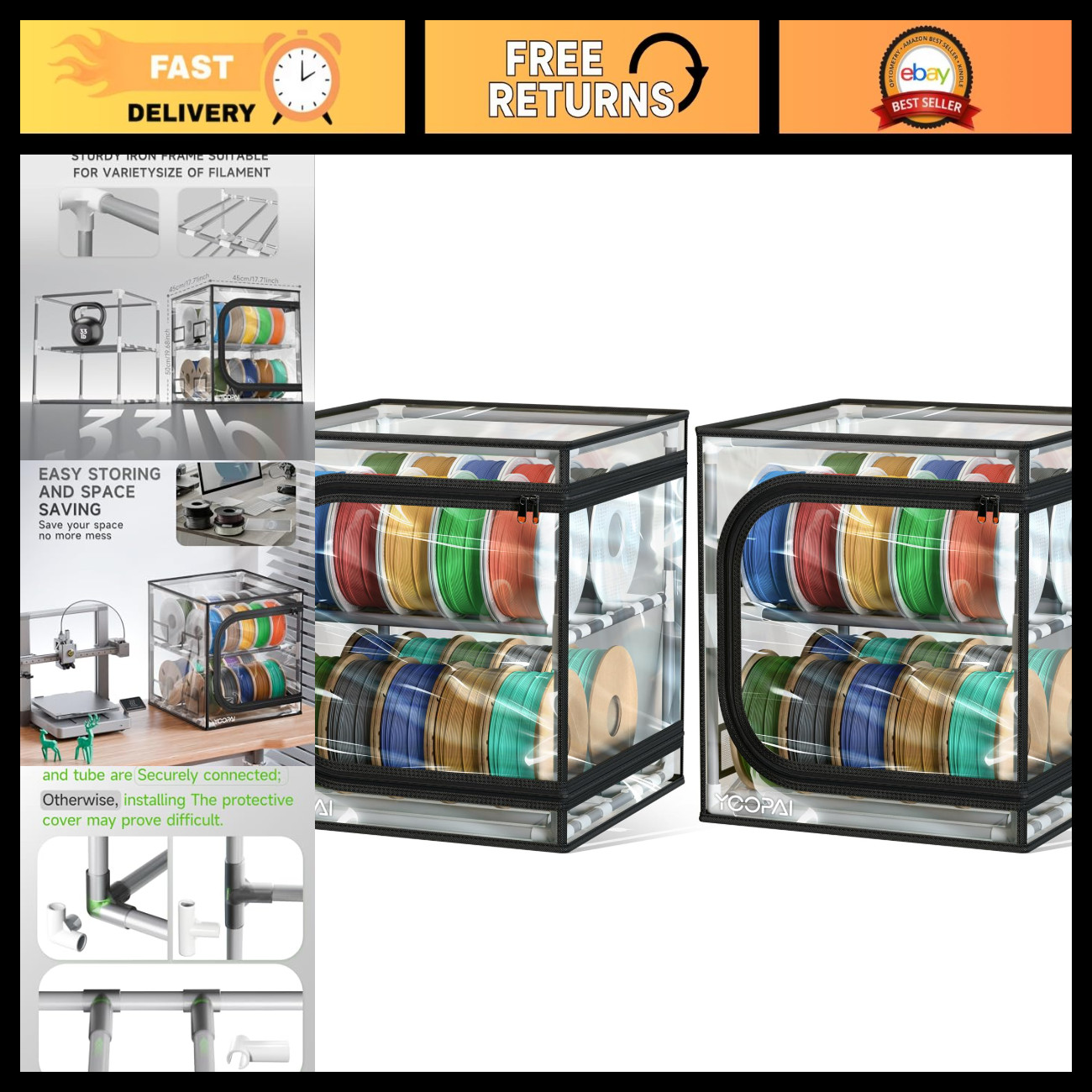 3D Printer Filament Storage Box - 2 Tier Organizer for 48 Rolls, Clear Cover, Wo