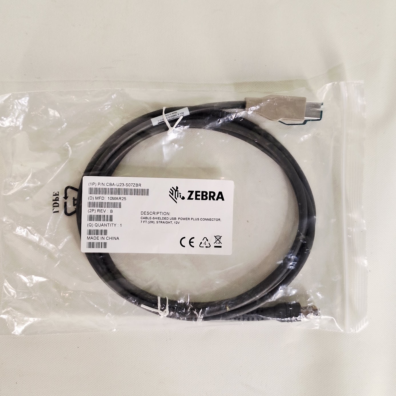 Zebra CBA-U23-S07ZBR Shielded USB Power Plus Connector Cable 7ft 12V New