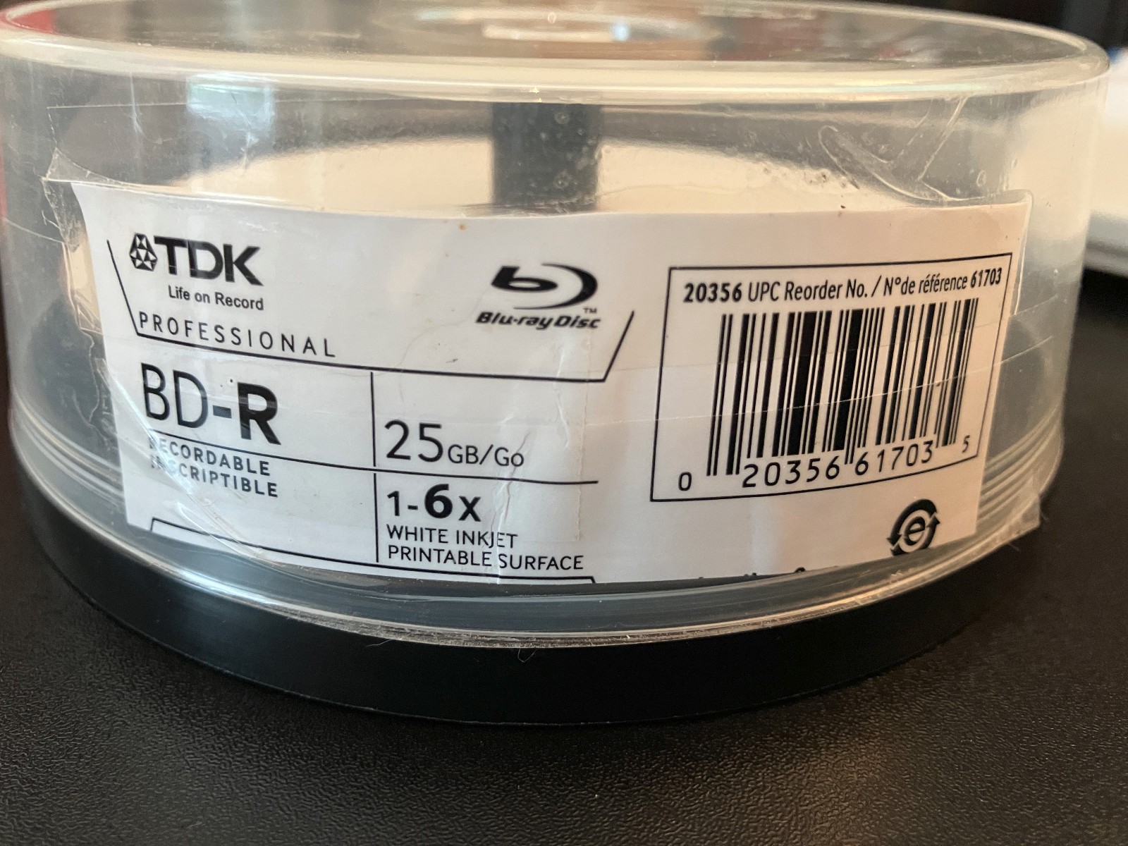 TDK Blu-ray Disc BD-R for single recording 25GB 1-6x speed 12 discs left spindle