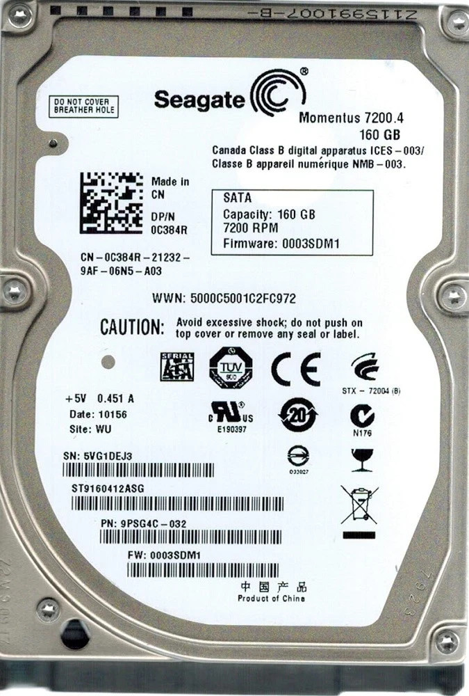 Seagate ST9160412ASG 160GB P/N: 9PSG4C-032 F/W: 0003SDM1 WU C384R