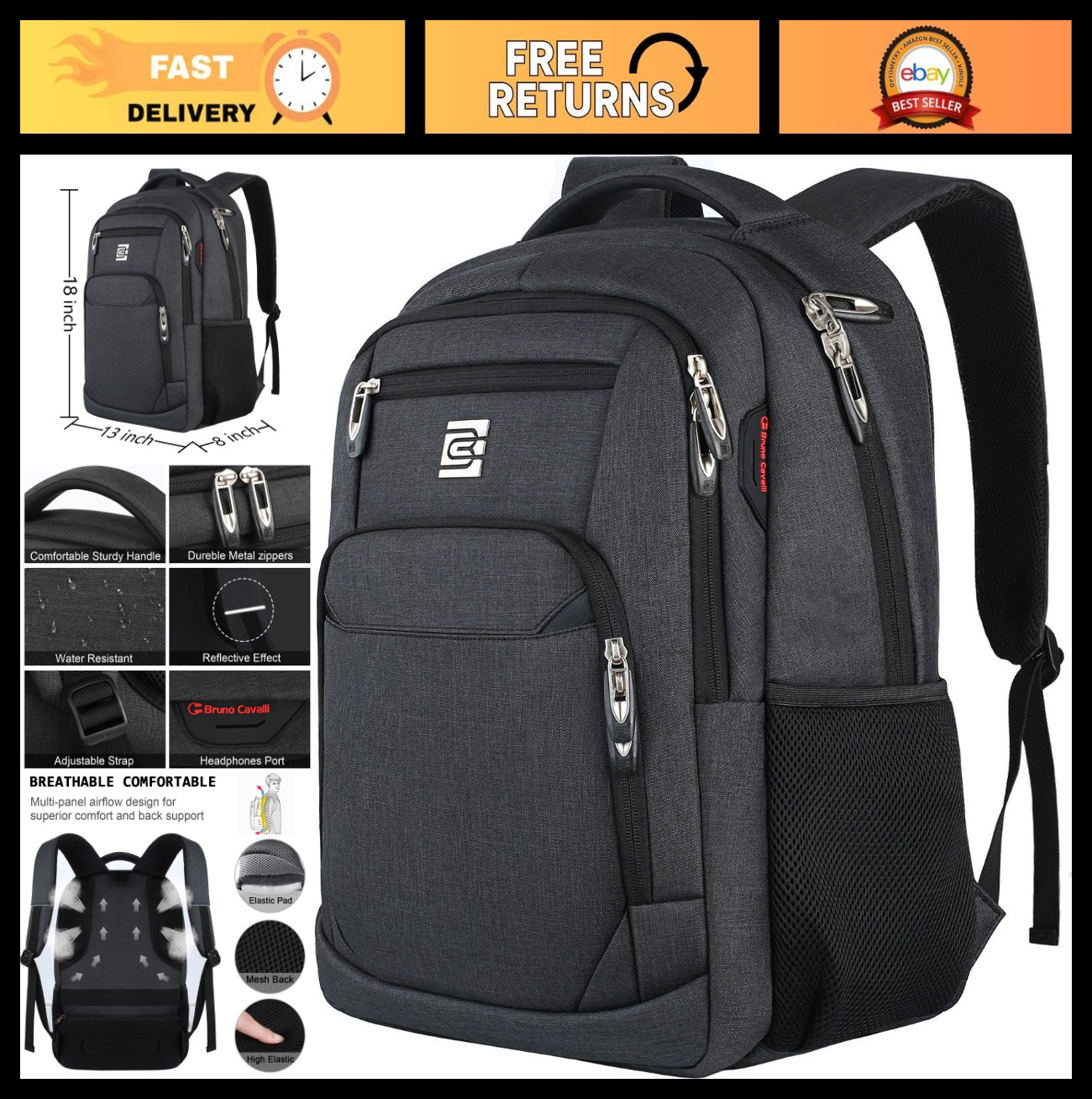 Slim Anti-Theft Laptop Backpack, Water-Resistant Business Travel Bag for 15.6" L