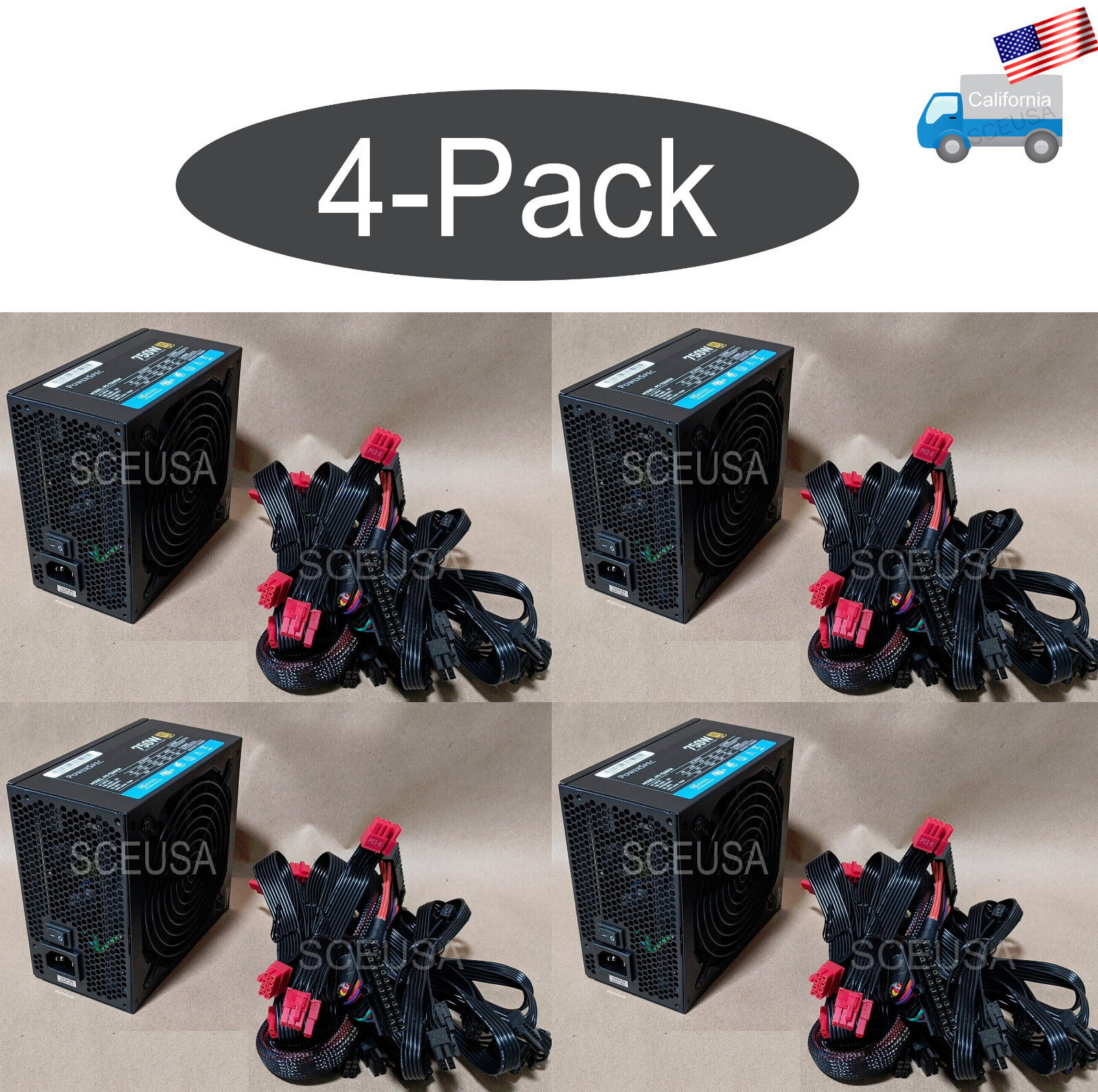 Lot 4pcs: PowerSpec 750W Fully Modular 80+ Gold 4x PCIE ATX/EPS PC Power Supply