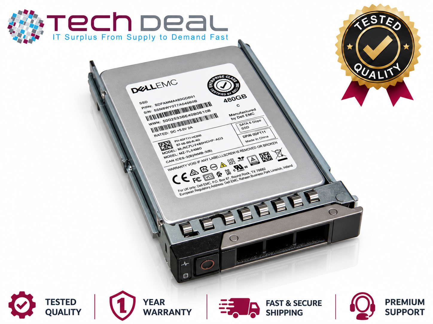 480GB 6G DELL SSD SATA 2.5" HDD R740 R750 R760 SERVER J1TYJ HFS480G32FEH