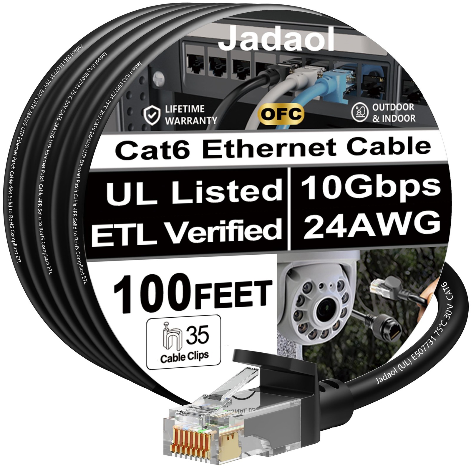 [UL Listed Cat6 Ethernet Cable 100ft with Clips 10Gbps PoE++, Black