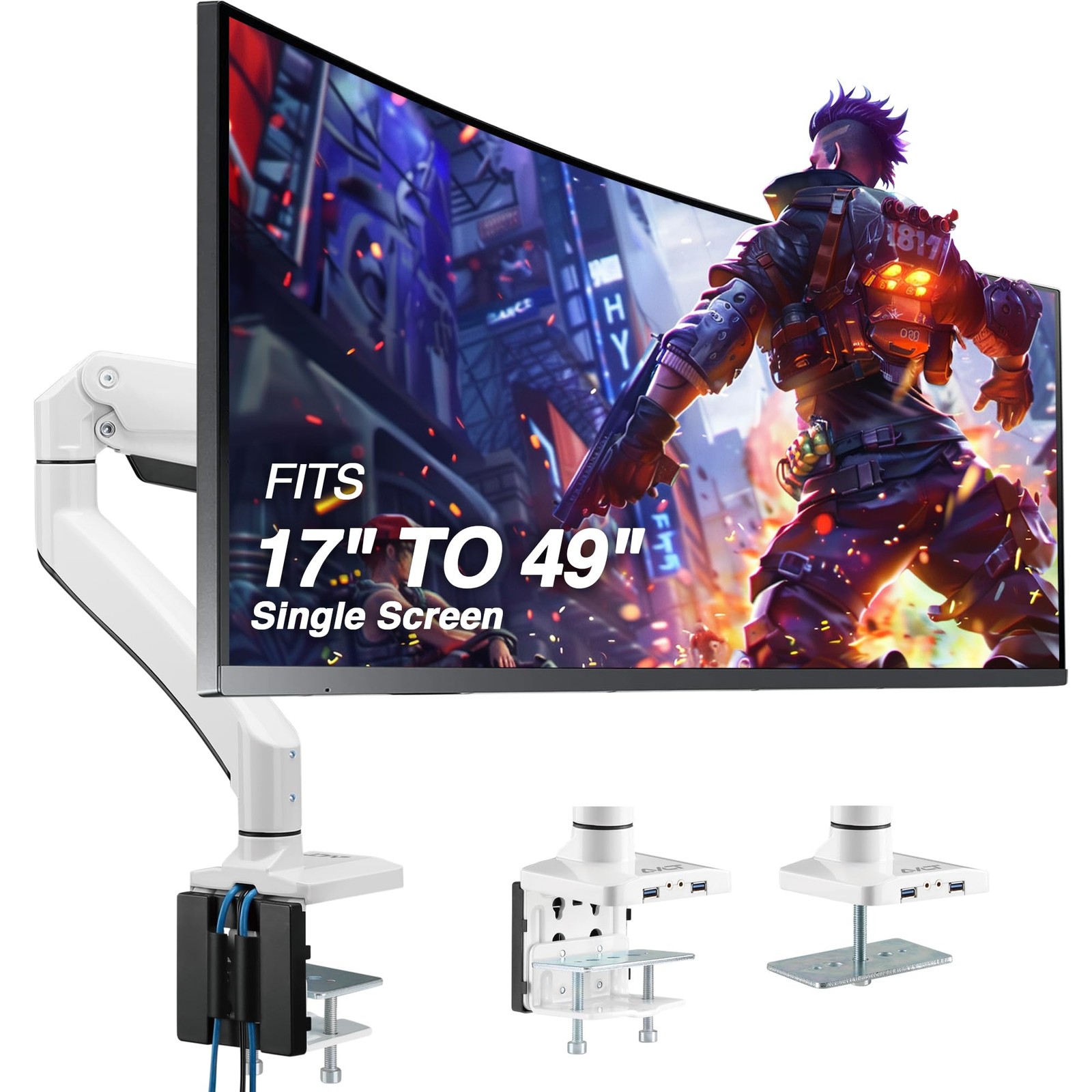 AVLT Single Monitor Arm 17-49" Ultrawide Screen Stand Pneumatic White