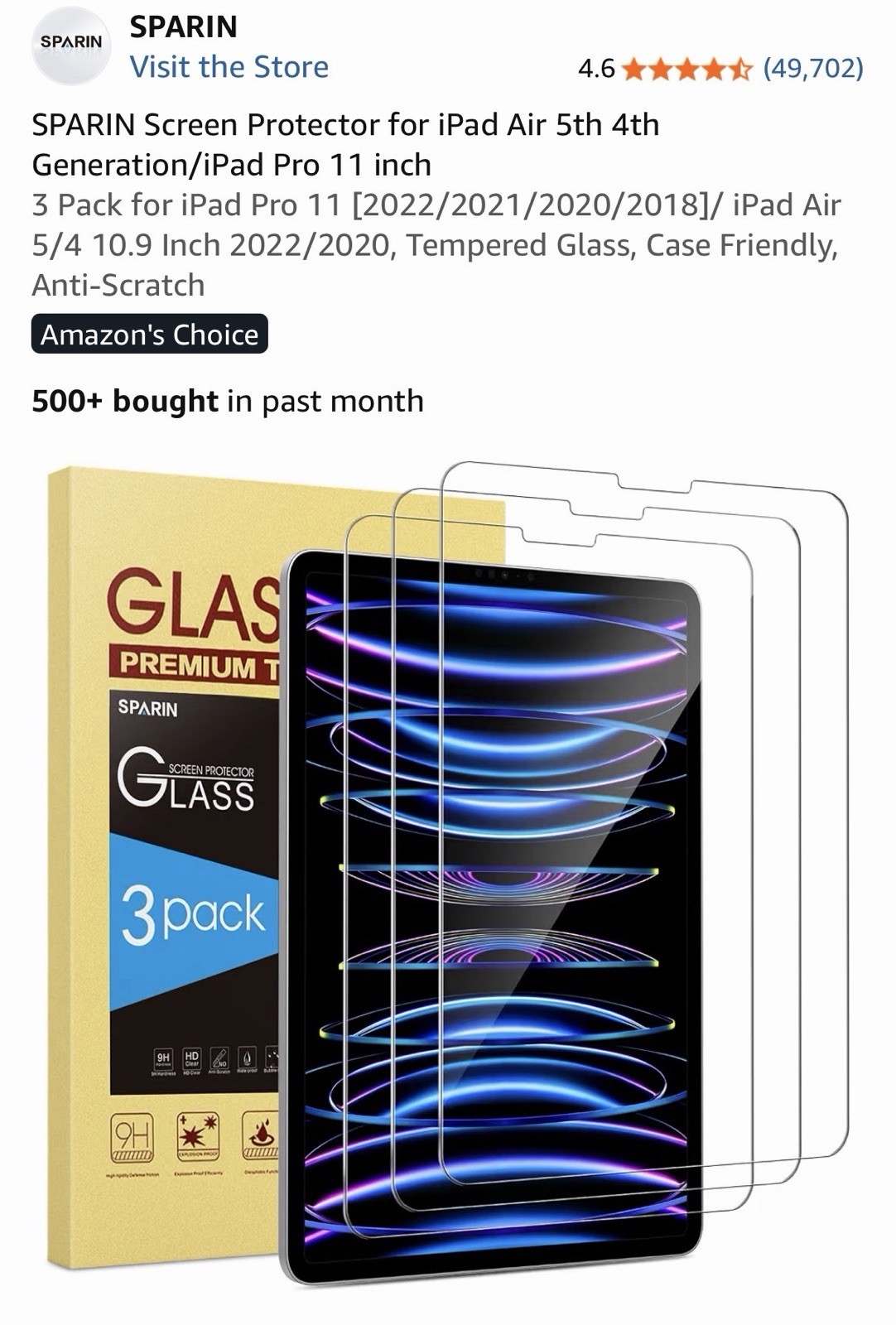 SPARIN Screen Protector 3 Pack for iPad Air Or Pro 10.9/11in Anti Scratch