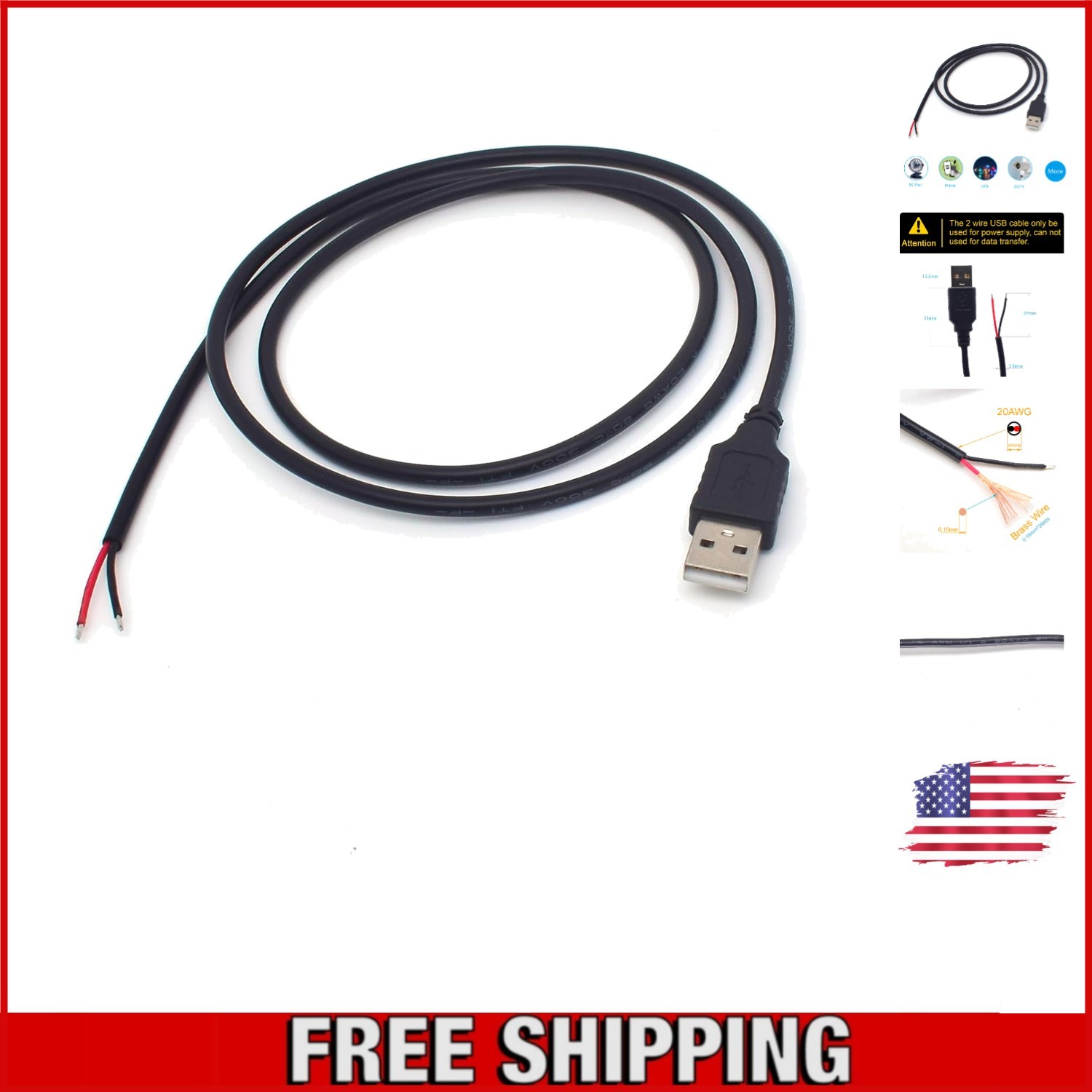 1M/3.3FT USB 2.0 Male Bare Wire Cable - 20AWG Power Pigtail for DIY Projects