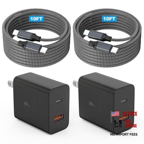 Extra Long 10Foot 45W Samsung USB C Fast Charger Block Dual Port PD 2 Black
