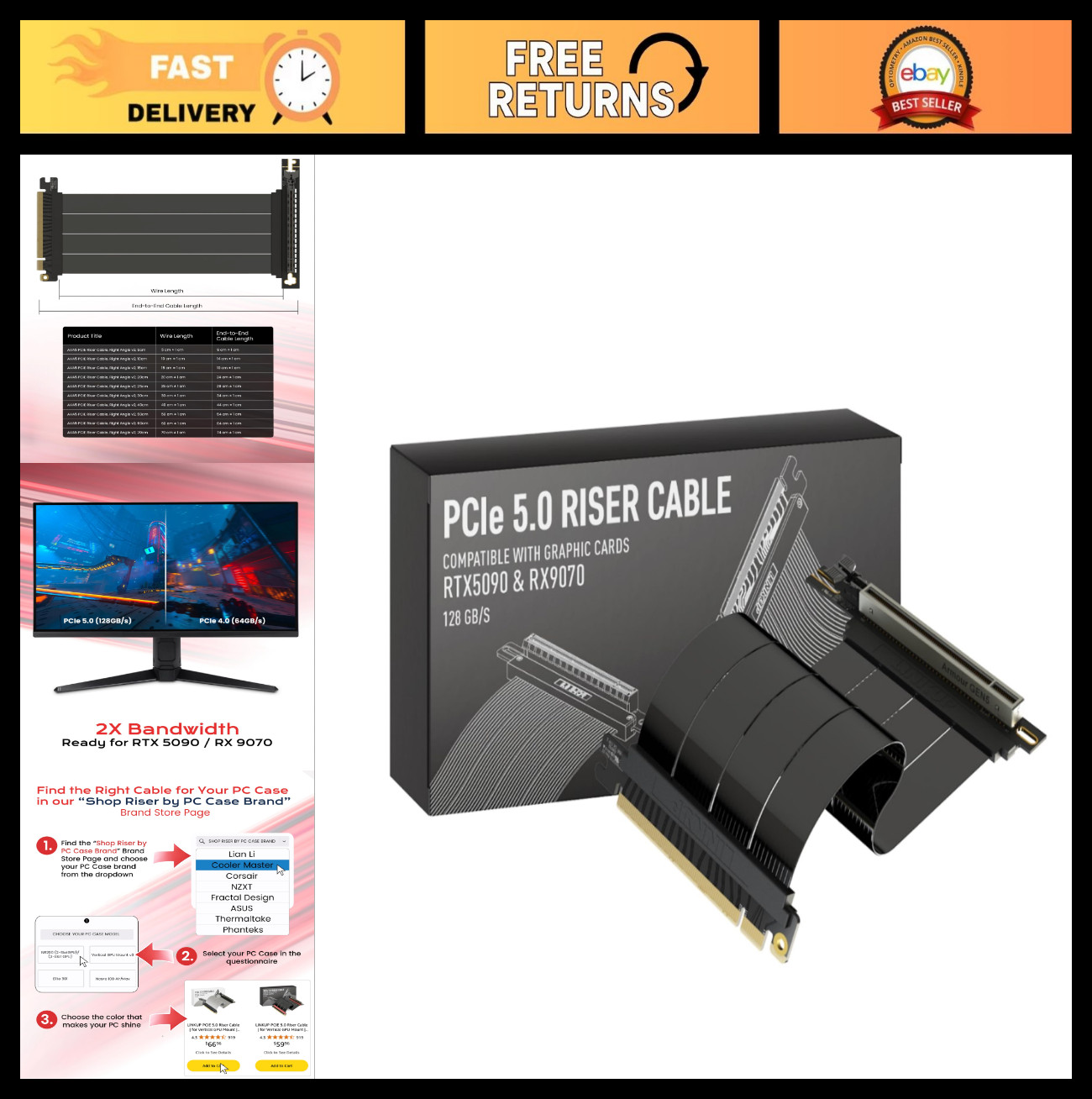 Vertical GPU Mount PCIe 5.0 Riser Cable | Right Angle 25cm | x16 128GB/s for RTX