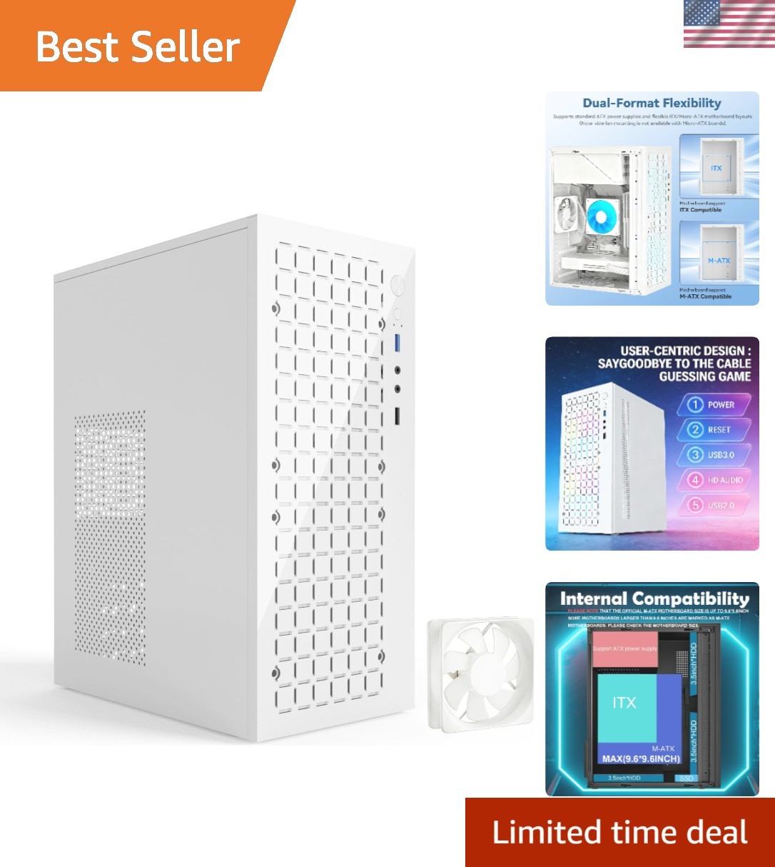 MATX Micro ATX Case, High Airflow Slim PC Case with 80mm Fan-White | Compatib...